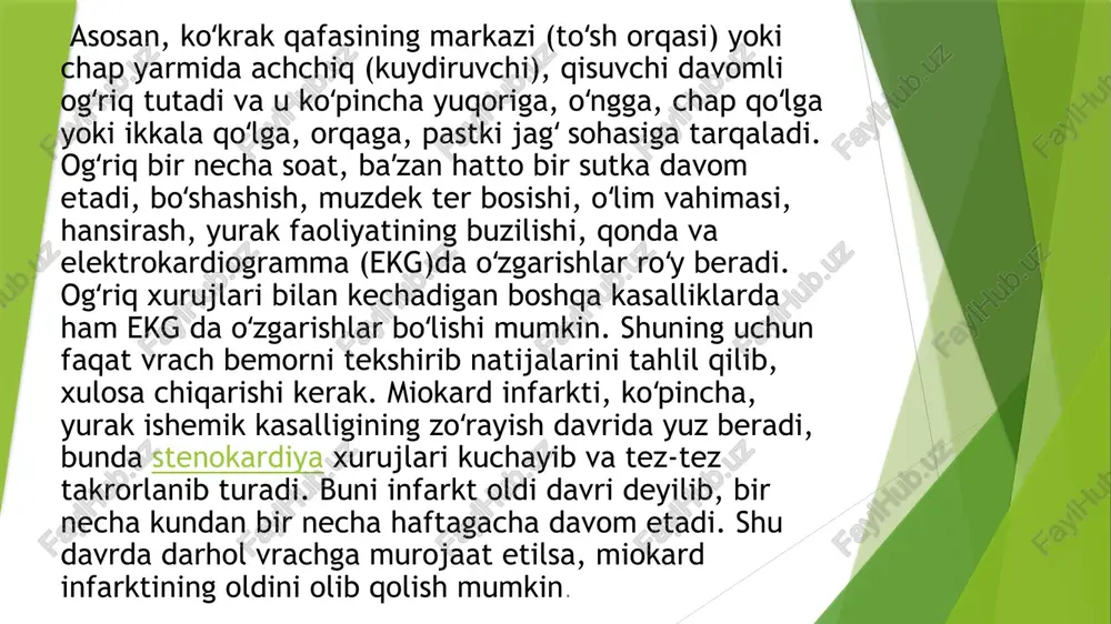 ko’pincha ushbu kasallik shakli qandli diabet bilan og’rigan bemorlarda uchraydi va juda og’ir kechadi. ba’zan miokard infarkti klinik tasvirida turli kasalliklar alomatlari mavjud bo’ladi va bunday hollarda, afsuski, holat yakuni ko’proq salbiy bo’ladi. tromb hosil bo’lishini oldini olish va qonni suyuqlashtirish uchun antikoagulyantlar, antiagregantlar va dizagregantlar guruhi dori vositalari qo’llaniladi; miokard shikastlanishi hududini cheklash yurak muskullarining kislorodga bo’lgan ehtiyojini kamaytirish orqali erishiladi, buning uchun, beta-blokatorlar va aaf ingibitorlari (angiotenzin-aylantiruvchi ferment) ishlatiladi; og’riq sindromining kamaytirilishiga narkotik va narkotik bo’lmagan analgetiklarni qo’llash bilan erishiladi; qon bosimi darajasini normallashtirish uchun bemorga antigipertenziv preparatlar buyuriladi; yurak ritmi buzilganda, bemorga antiaritmik preparatlar buyuriladi. e’tiboringiz uchun rahmat image1.png image2.png image3.png image4.png