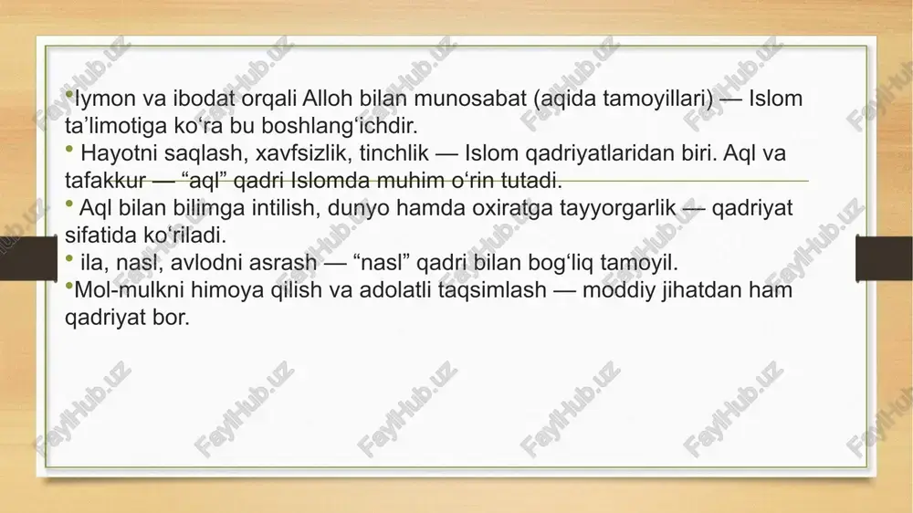oliyatida yaqqol ko‘rinishi lozim. bu qadriyatlarni amalda qo‘llashning eng muhim bosqichlaridan biri – oila tarbiyasidir. oila – jamiyatning eng kichik bo‘g‘ini, lekin eng muhim poydevoridir. agar oilada mehr, hurmat, halollik, mehnatsevarlik kabi qadriyatlar mustahkam bo‘lsa, butun jamiyatda ham shu fazilatlar shakllanadi. ta’lim tizimida ham ma’rifat va qadriyatlar uyg‘unligini kuchaytirish zarur. har bir fan, har bir dars faqat bilim berish bilan cheklanmay, balki yoshlarning axloqiy, ma’naviy dunyoqarashini ham boyitishi kerak. o‘quv jarayonida milliy va diniy qadriyatlar haqida suhbatlar, ma’rifiy darslar, ma’naviyat soatlari tashkil etish foydali bo‘ladi. shuningdek, mehnat muhitida ham islom qadriyatlari muhim rol o‘ynaydi. ish joyida halollik, mas’uliyat, adolat, hamjihatlik – bu nafaqat diniy fazilat, balki har bir korxona va tashkilotning barqaror rivojlanish omilidir. halol mehnat qilgan inson alloh nazdida ham, jamiyat oldida ham e’tiborga loyiq bo‘ladi. ma’naviy qadriyatlar amalda ko‘rinadigan yana bir soha – ijtimoiy faoliyatdir. xayriya ishlari, volontyorlik, kambag‘allarga yordam berish, tabiatni asrash, odamlarga mehr ko‘rsatish – bularning …