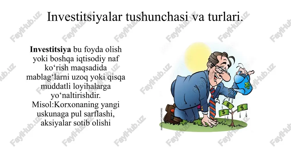 ash investitsiyalar dastlab xarid qiymati, keyin esa bozor qiymati bo‘yicha baholanadi. — 3. qayta baholash (zarur bo‘lsa) qimmatli qog‘ozlarning bozor qiymati o‘zgarsa, qayta baholash amalga oshiriladi. debet yoki kredit: 91 “boshqa daromad va xarajatlar” 4. daromadlarni hisoblash investitsiyadan olinadigan dividend, foiz yoki kapital o‘sish hisobi yuritiladi. debet: 51 / kredit: 91 5. sotish yoki tugatish investitsiya sotilganda yoki bekor qilinganda natija (foyda yoki zarar) hisoblanadi. debet: 91 / kredit: 06, 58 investitsiyalarni baholash usullari usul tavsif qo‘llanishi dastlabki qiymat bo‘yicha xarid narxi + qo‘shimcha xarajatlar (komissiya, transport, soliq). asosiy baholash usuli adolatli (bozor) qiymat bo‘yicha bozordagi haqiqiy sotuv bahosiga qarab baholash. qimmatli qog‘ozlarda amortizatsiyalangan qiymat bo‘yicha investitsiyaning muddat davomida kamayib boruvchi qiymati. uzoq muddatli aktivlarda sof joriy qiymat (npv) kelajakdagi daromadlarning joriy qiymati. investitsion tahlilda investitsiyalardan daromad turlari daromad turi mazmuni hisobga olish dividend daromadi aksiyalardan olingan foyda ulushi. debet 51 / kredit 91 foiz daromadi obligatsiya yoki depozitdan olinadigan …