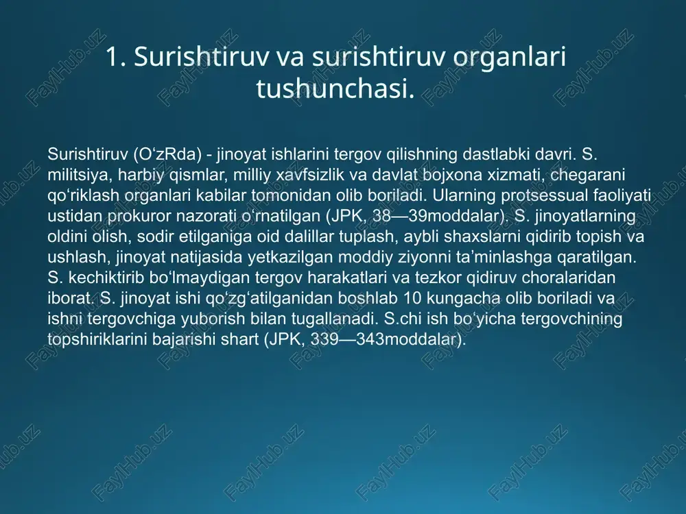 lefonlar va boshqa telekommunikatsiya qurilmalari orqali olib boriladigan soʻzlashuvlarni eshitib turish, ular orqali uzatiladigan axborotni olish haqida, mol-mulkni xatlash toʻgʻrisida iltimosnomalar berishga; amnistiya aktiga asosan jinoyat ishini qoʻzgʻatishni rad qilish toʻgʻrisida yoki jinoyat ishini tugatish haqida sudga iltimosnoma kiritish haqida prokurorga taqdimnoma kiritishga haqlidir. dastlabki tergovni olib borishga vakolatli mansabdor shaxslar dastlabki tergovni prokuratura, oʻzbekiston respublikasi bosh prokuraturasi huzuridagi iqtisodiy jinoyatlarga qarshi kurashish departamenti, ichki ishlar organlari va davlat xavfsizlik xizmati tergovchilari olib boradi. dastlabki tergov muddatlari dastlabki tergov jinoyat ishi qoʻzgʻatilgan kundan boshlab uch oydan oshmagan muddatda tamomlanishi lozim. jinoyat ishlari birlashtirilayotganda ular boʻyicha ish yuritish muddati uzoqroq muddat davomida tergov qilingan jinoyat ishi boʻyicha belgilanadi. bunda qolgan jinoyat ishlari boʻyicha ish yuritish muddati uzoqroq tergov qilingan ishning muddati bilan qamrab olinadi va qoʻshimcha ravishda hisobga olinmaydi. alohida ish yurituvga ajratilgan jinoyat ishi boʻyicha dastlabki tergov muddati, agar jinoyat ishi yangi jinoyat boʻyicha yoki yangi shaxsga nisbatan ajratilayotgan boʻlsa, …