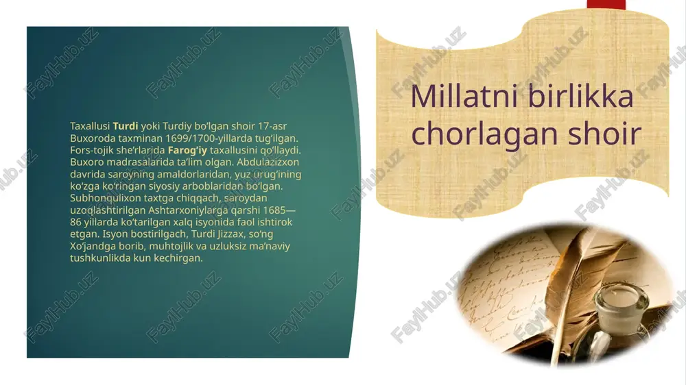 ning 92 urug’ini birlashishga bir yoqadan bosh chiqarishga undaydigan baytlar mavjud. .beklarning shaxsiy manfaatlarini o’ylamay, inson qadriyatini oyoq osti qilmasdan ahil bo’lib, birlashishga chorlaydi tenglik qiling deydi millatni birlikka undagan shoir turdi farog‘iy xalq holiga achinib, mansabparast amaldorlarning ishlarini qoralaydi: edingiz barchangiz itdek fuqaroning etini, g‘asib ila molin olib, qo‘ymadingizlar, bitini. qamchilar dog‘ solib bo‘ynig‘a, tilib betini, yordingiz zahrasini ichidan olib o‘tini, bo‘lmadi kam raiyat boshidan hech tayoq... xalqning soliqlardan qiynalayotgani ko‘rib turgan turdi farog‘iy bunga jimgina qarab tura olmas edi. u kurashuvchan shoir va shu sababdan ham uning hayoti og‘ir kechadi. taqiblar, tahqirlar uning irodasini sindira olmaydi, u baribir xalq va millat uchun yonib yashahsda davom etadi. uning “bu mulk...”, “tor ko‘ngili beklar...” g‘azallari aynan yuqoridagi gaplarimizning isboti bo‘la oladi. turdi millat uchun, uning birligi uchun, to‘qson ikki o‘zbek ulisining bir bo‘lib yashashini ich – ichidan istaydi. "turdiman" radifli g'azal qatrayam nochiz, ammo zoti qulzum turdiman, kelturan amvojg‘a bahri …