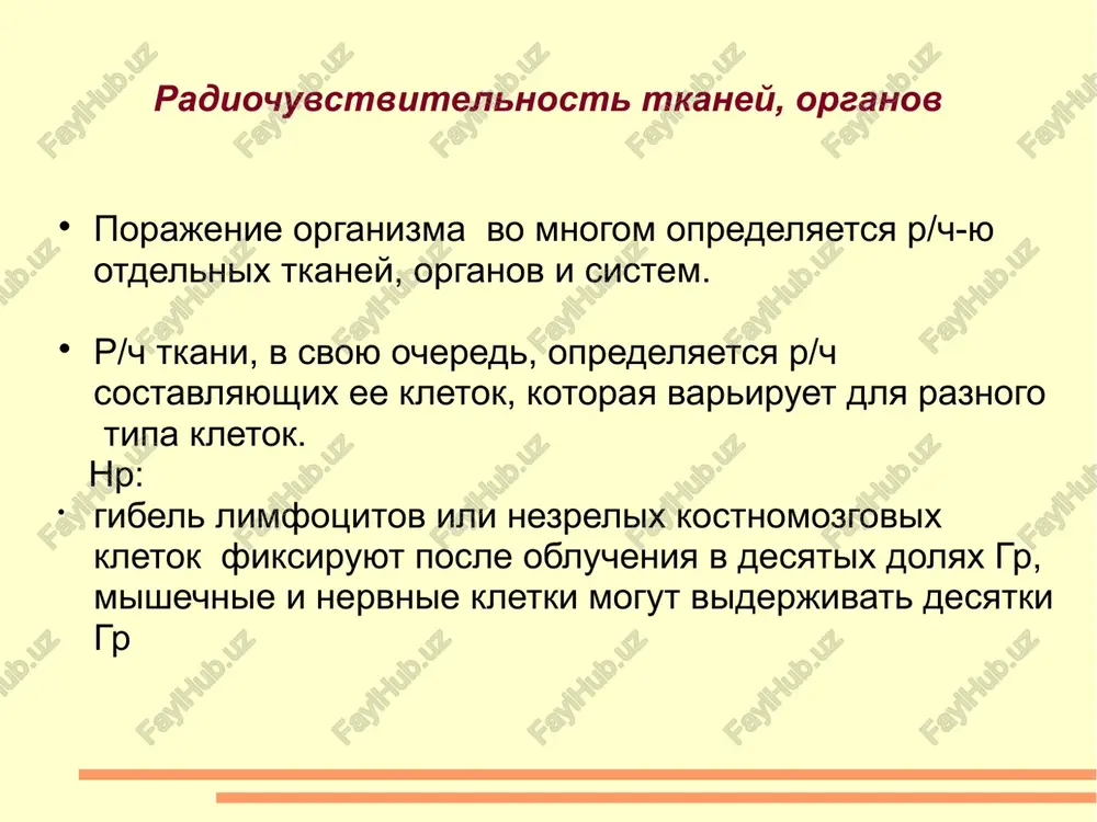 tsya pri dozax 104-105 gr. vozmojnost adaptatsii k oblucheniyu populyatsii raznix vidov jivix organizmov mogut adaptirovatsya k vrednim vozdeystviyam v visokix dozax. adaptatsiya dostigaetsya tsenoy gibeli bolshey chasti populyatsii i za schet razmnojeniya vijivshey samoy rezistentnoy fraktsii. chem vishe plodovitost i chem bistree smena pokoleniy u dannogo vida, tem legche on mojet prisposobitsya k vozdeystviyu i.i. vnutrividovaya radiochuvstvitelnost (individualnaya r/ch-t) r/ch mojet bit razlichnoy daje v predelax odnogo vida nr: radiorezistentnost mikrococcus radiodurans v 25 raz vishe chem u rodstvennix form mikrokokkov. individualnaya r/ch — integralniy pokazatel: uchitivaetsya vozrast, pol, genetika, intensivnost metabolizma i dr. po r/ch lyudi delyatsya na 4 tipa: superchuvstvitelnie, ochen chuvstvitelnie, srednechuvstvitelnie otnositelno ustoychivie. otnositelno ustoychivie (stalkeri) mogut perenosit urovni radiatsii na poryadok vishe, chem srednechuvstvitelnie. dostovernix laboratornix metodik opredeleniya individualnoy r/ch cheloveka net. vozrastnaya radiochuvstvitelnost naibolee r/ch molodie i starie osobi. s vozrastom obmennie protsessi zamedlyayutsya (►r/ch ↓), aktivnost sistem reparatsii snijaetsya (► r/ch ↑) …