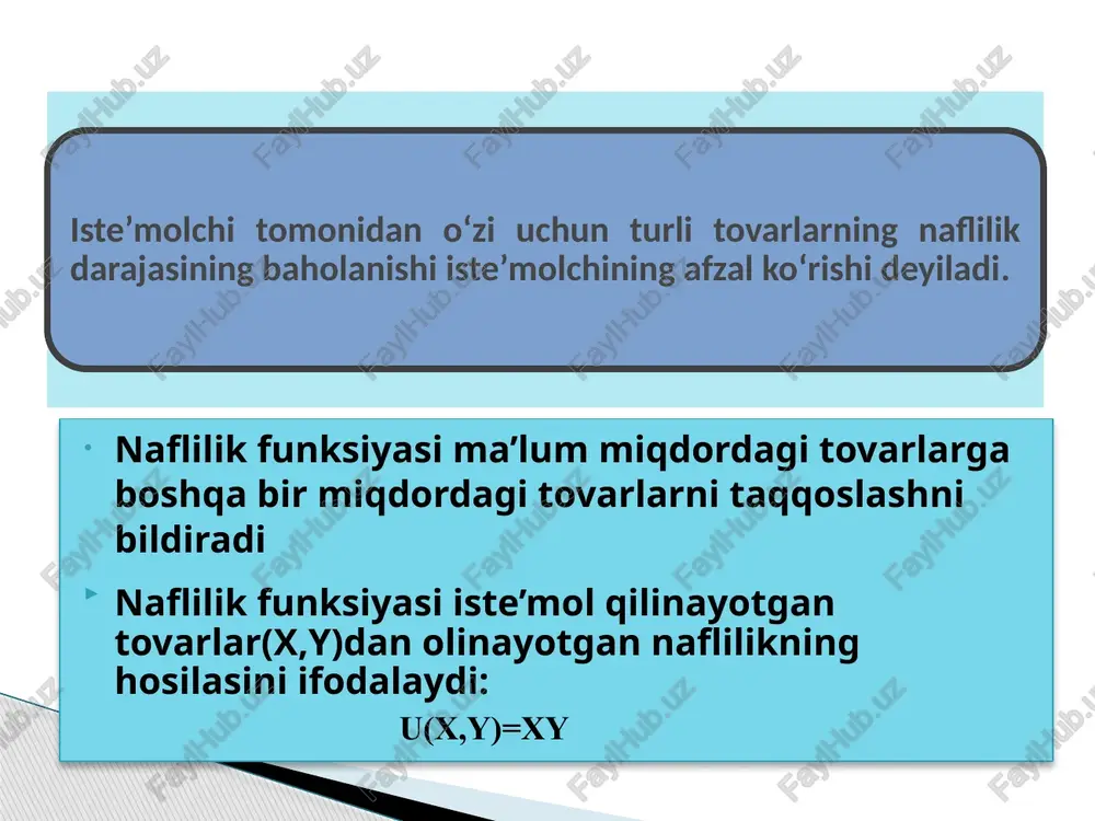 ng pasayishi budjet chizig‘i burchagining o‘zgargan holda yangi chiziq hosil bo‘lishiga olib keladi (m chiziq); 2) b tovar narxining oshishi budjet chizig‘i burchagining o‘zgargan holda yangi chiziq hosil bo‘lishiga olib keladi (n chiziq): 3) a va b tovarlar narxi ilgarigi nisbat saqlangan holda oshsa, u holda eski chiziqqa parallel bo‘lgan yangi chiziq hosil bo‘ladi (l chiziq). 17 iqtisodiyot nazariyasida iste’molchi tanlovini o‘rganishda mazkur tanlov oqilona ravishda amalga oshiriladi va quyidagi shartlar ta’minlanadi deb faraz qilinadi mavjud va cheklangan budjetdan to‘liq foydalaniladi; ehtiyojlar maksimal darajada qondiriladi iste’molchi tanlovi 18 iste’molchi tanlovi nazariyasi iste’molchi tovarlarning turli to‘plamini xarid qilishda doimo naflilikni maksimallashtirish qoidasiga amal qiladi. bu qoidaning mazmuni quyidagicha bayon etiladi: iste’molchi o‘zining daromadini shunday sarflashi kerakki, daromad to‘liq sarflangan holatda tovarni xarid qilishdan olingan so‘nggi qo‘shilgan naflilikning tovar narxiga nisbati barcha tovarlar uchun bir xil qiymatga ega bo‘lishi lozim, ya’ni: bu yerda: mu – x va y tovarlarning so‘nggi qo‘shilgan nafliligi; …