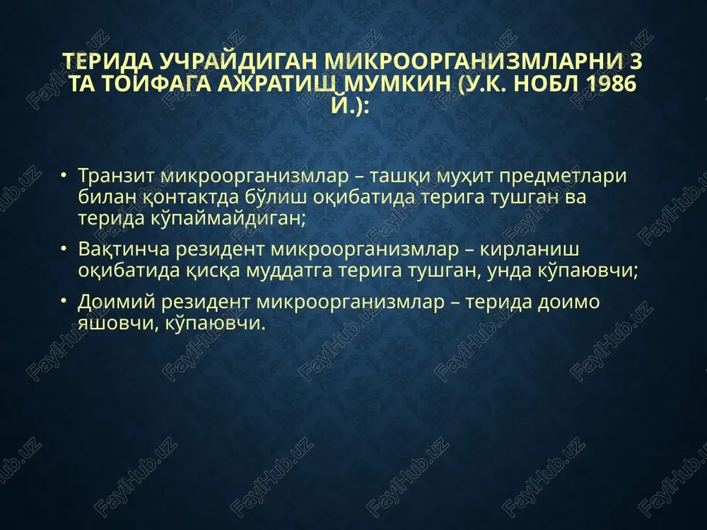 zar z) chaqmoq tezligidagi, tezkor akne k) boldirlarning pustulez va atrofik dermatiti l) blastomikozsimon piodermiya m) yuz piodermiyasi n) kollikvativ silga o'xshash piodermiya o) vegetatsiyalovchi piostomatit p) olat va moyak xaltasining gangrenasi stafilokokli piodermitlar stafilokokkli piodermitlarda kasallik jarayoni asosan terining hosilalarida – soch follikulalari, yog' va ter bezlarida rivojlanadi. stafilokokkli piodermitlarda pustula (madda) konus yoki yarimsharsimon shaklda, pustulalarning qobig'i nisbatan qalin, tarang bo'lib, ichidagi yiring qo'yiqroq, sariq-zangori tusdadir, markazida esa ko'pincha soch (tuk) ko'rinib turadi. faqat kichik yoshdagi bolalardagina stafilokokklar terida soch-yog' follikulalari va ter bezlariga aloqasi bo'lmagan, silliq terida joylashgan yuzaki pufaklar hosil qiladi. streptokokli piodermitlar streptokokklar stafilokokklarga o'xshab yog'-soch apparati va ter bezlarini jarohatlamay, balki silliq terini, ayniqsa burmalarni jarohatlaydi. streptodermiyalar, odatda yuzaki xarakterga egadir. shaffof suyuqlikli va periferik tarqalishga moyil, tarang bo'lmagan pufak-fliktena birlamchi element bo'lib hisoblanadi. nozik teriga ega bo'lgan bolalar va ayollar ko'proq kasallanadilar. aralash etiologiyali piodermitlar bu gurux piodermitlarga etiologik omili bir vaqtning o'zida …