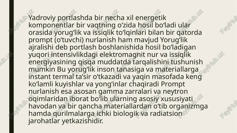 ar (i daraja) 6 km dan uzoqda – faqat ko‘z qamasishi va ruhiy qo‘rquv misol: xirosimada portlashda markazdan 2 km uzoqlikda bo‘lgan odamlarning 70 % kuyish jarohati olgan. oʻtuvchi nurlar — bu yadroviy portlash vaqtida hosil bo‘ladigan gamma nurlari va neytron oqimlari bo‘lib, ular qisqa muddatda katta zarar yetkazadi. portlashdan chiqadigan energiyaning 5 % i o‘tuvchi nurlar ko‘rinishida tarqaladi. ularning asosiy xususiyati – havodan, tuproqdan va inshootlardan o‘tib keta olishidir. oʻtuvchi nurlanish ta’siri odatda portlashdan keyingi birinchi 15–25 soniya ichida kuchli bo‘ladi. shuning uchun ular qisqa muddatli, ammo o‘ta xavfli hisoblanadi. oʻtuvchi nurlarning odam organizmiga ta’siri doza bilan o‘lchanadi (gr — gray yoki rad birliklarida). 0,5–1 gr – yengil darajadagi nur kasalligi, bosh og‘rishi, ko‘ngil aynishi 1–2 gr – o‘rtacha darajadagi nur kasalligi, qon hujayralari kamayishi 2–4 gr – og‘ir nur kasalligi, soch to‘kilishi, qon ketish, o‘lim xavfi 20–40 % 4–6 gr – o‘ta og‘ir nur kasalligi, o‘lim xavfi 50–80 …