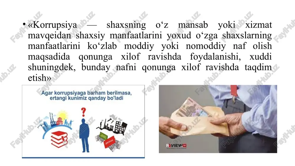 osiyo va tinch okeani korrupsiyaga qarshi harakat dasturi”. o‘zbekiston respublikasi jinoyat kodeksining “korrupsiya bilan bog‘liq jinoyatlar”ni nazarda tutuvchi moddalari: 1. o‘zlashtirish yoki rastrata yo‘li bilan talon-taroj qilish (167-modda); 2. soxta tadbirkorlik (179-modda); 3. soxta bankrotlik (180-modda); 4. bojxona to‘g‘risdagi qonun hujjatlarini buzish (182-modda); 5. soliqlar yoki boshqa majburiy to‘lovlarni to‘lashdan bo‘yin tovlash (184-modda); 6. hokimiyat yoki mansab vakolatini suiste‘mol qilish (205-modda); 7. hokimiyat yoki mansab vakolatidan chetga chiqish (206-modda); 8. mansab soxtakorligi (209-modda); 9. pora olish (210-modda); 10. pora berish (211-modda); 11. pora olish-berishda vositachilik qilish (212-modda); 12. tovlamachilik yo‘li bilan haq berishni talab qilish (214-modda); 13. jinoiy faoliyatidan olingnan daromadlarni legallashtirish (243-modda); 14. kontrabanda (246-modda). korruptsiyaga qarshi kurashish agentligining haftalik faoliyati daydjesti (26-30 aprel kunlari): ▪️ 26 aprel - buxoro davlat tibbiyot institutida o'tkazilgan o'rganishlar natijalari e'lon qilindi batafsil: https://bit.ly/3u5rfo5 ▪️26 aprel - bandlik va mehnat munosabatlari vazirligida “aniqlanayotgan korruptsion holatlar, ularning sabablari va sodir etilishiga imkon beruvchi shart-sharoitlar” …