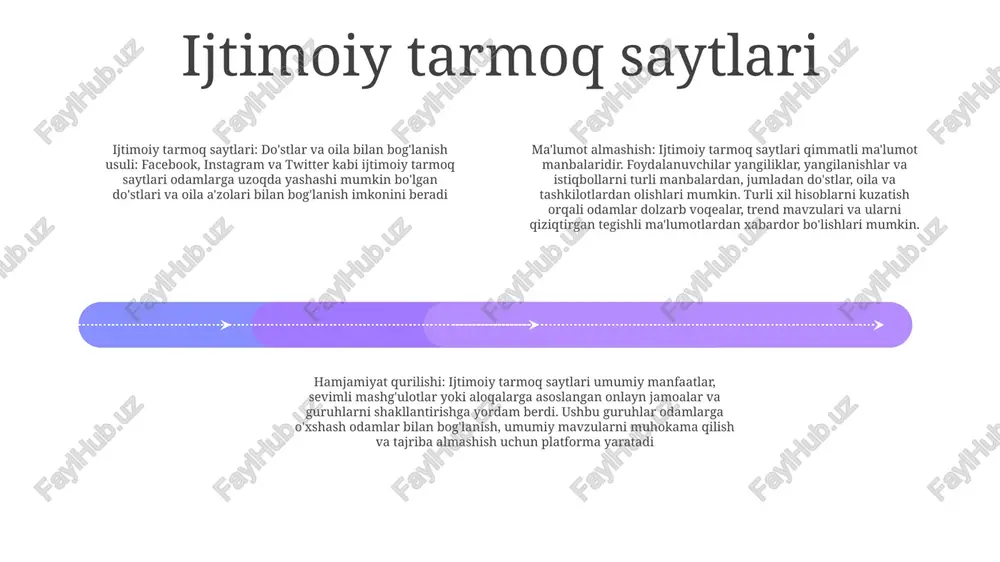 oyish etish, mijozlar bilan muloqot qilish va brendga sodiqlikni shakllantirish imkonini beradi biznes tarmoq saytlari viadeo: evropa va xalqaro bozorlarda professionallarga xizmat ko'rsatadigan frantsuz biznes tarmog'i. a'zolarga ulanish, tajriba almashish va turli sohalarda ish imkoniyatlarini o'rganish imkonini beradi. linkedin: professionallar, biznes va ish izlovchilarni bog'laydigan professional tarmoq platformasi. foydalanuvchilarga aloqalarni o'rnatish, sanoat bilimlarini almashish va ish imkoniyatlarini topish imkonini beradi. xing: linkedin-ga o'xshash nemis biznes tarmog'i. nemis tilida so'zlashuvchi mintaqa va xalqaro bozorlardagi professionallarga e'tibor qaratiladi. ish qidirish, kompaniya profillari va tadbirlar ro'yxatini taklif qiladi. hamkorlik va mahsuldorlik vositalari hosildorlik vositalari: google workspace, microsoft 365 yoki slack kabi vositalar bilan hamkorlikni yaxshilang, real vaqtda tahrirlash, hujjatlarni almashish va vazifalarni boshqarish imkonini beradi. hamkorlik va mahsuldorlik vositalari: umumiy kalendarlar, asana yoki trello kabi loyihalarni boshqarish platformalari va zoom yoki google meet kabi video konferentsiya yechimlari orqali samaradorlikni oshiring. ijtimoiy media shakllari: ijtimoiy tarmoqlarni tarmoq, bilim almashish va hamjamiyat qurish uchun foydalaning. …