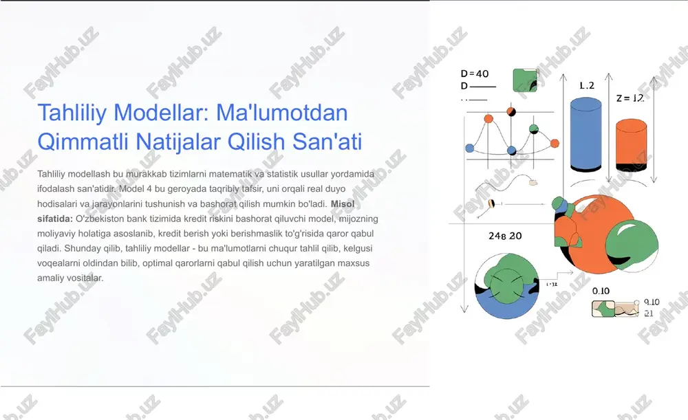 25% ishlab chiqaruvchilik umumiy mahsulot yangi darajaga tahliliy modellarning afzalliklari va cheklovlari afzalliklari: tahliliy modellar tez-tez va to'g'ri qaror qabul qilish imkonini beradi, bu esa vaqtni tejaydi va xatoliklarni kamaytiradi. resurslarni tejash, riskni minimallashtirish va yangi imkoniyatlarni aniqlash uchun kuch-quvvat beradi. cheklovlari: lekin bu modellar ham mutlaqmas. ularning samaradorligi to'laligimiyla ma'lumot sifatiga bog'liq. shuningdek, murakkab modellarni tuzish qiyin va qiymati yuqori bo'ladi. eng muhimi, modelning natijasini tushunish va izohlash ba'zan qiyinchilik tug'diradi (bu "qora quti" masalasining o'ziga xos ko'rinishi). ' afzalliklari tez qa'ror qabul xatoliklar kamayishi resurslar tejashi risk minimallashtirish ¦ cheklovlari ma'lumot sifati muhim murakkab modellar yuqori xarajat izohlash qiyinchiligi katta ma'lumotlar tahlilida o'zbekistonning raqamli rivojlanishi o'zbekistan ham raqamli transformatsiya yo'lida faol qadam bosmaqda. 2024 yilda o'zbekistonda big data sohasida 30 dan ortiq startap faoliyat yuritmoqda, ular turli sohalarda innovativ yechimlarni taklif qilmoqda. davlat tomonidan raqamlashtirish dasturlari chiqarilmoqda, ilmiy markazlar va texnologiya parklar1 tahliliy modellar yaratishda ko'rmang bermoqda. bu …