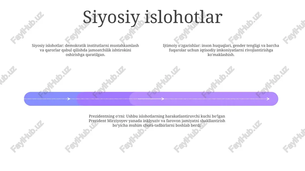 yishi kabi muammolarni keltirib chiqardi o‘zbekistondagi ijtimoiy o‘zgarishlar:- o‘zbekiston mustaqillikka erishgandan so‘ng qishloqdan shaharga sezilarli siljish bilan jadal urbanizatsiyani boshdan kechirdi.- bu yangi shahar turmush tarzining paydo bo‘lishiga, jumladan, iste’mol madaniyatining yuksalishiga va ommaviy axborot vositalarining ta’sirining kuchayishiga olib keldi. madaniy siljishlar madaniy sinkretizm: o‘zbekistonning noyob madaniy merosi fors, turkiy va rus ta’sirlari uyg‘unligida shakllangan, natijada san’at, musiqa va adabiyotning boy gobelenlari yaratilgan. urbanizatsiya: aholining tez oʻsishi va sanoatlashuv oʻzbekistonda urbanizatsiyaga olib keldi. toshkent kabi yirik shaharlar qishloq aholisining iqtisodiy imkoniyatlar izlab boshqa joyga ko‘chirilishi natijasida sezilarli madaniy o‘zgarishlarni boshdan kechirdi. texnologik taraqqiyot: internet va ijtimoiy tarmoqlarning paydo bo'lishi o'zbekistondagi madaniy amaliyotlarga jiddiy ta'sir ko'rsatdi. axborot-kommunikatsiya texnologiyalaridan foydalanish madaniy almashinuvni kuchaytirdi va ta'lim va ko'ngil ochishning an'anaviy usullarini o'zgartirdi. ijtimoiy ta'minot dasturlari 2. oʻzbekiston respublikasidagi ijtimoiy oʻzgarishlar: oʻzbekistonda fuqarolar farovonligini oshirishga qaratilgan taʼlim, sogʻliqni saqlash, mehnat va gender tengligi sohasidagi islohotlarni oʻz ichiga olgan keng qamrovli ijtimoiy oʻzgarishlarni qamrab oladi. …