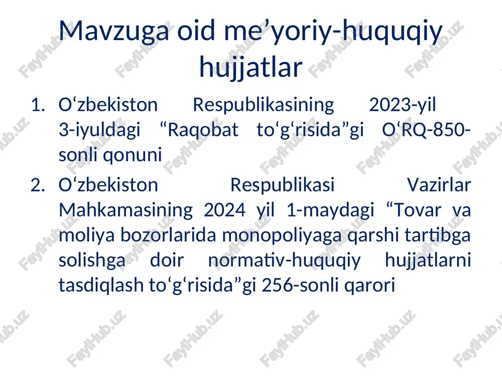 atti-harakati iste’molchi pul daromadining cheklanganligi bilan to‘qnash keladi. monopol mavqeidagi tovarlarga narxlar oshganda iste’molchilar uning o‘rnini bosadigan boshqa tovarlarni qidirib topishga harakat qiladi. * 5. narx siyosati va uning o‘zbekistonda amalga oshirilish xususiyatlari davlatning narx siyosati - bozor iqtisodiyotiga o‘tish sharoitida narxlarni erkinlashtirish va milliy bozor narxlarini jahon bozori narxlariga yaqinlashtirishga qaratiladi narxlarni erkinlashtirishdan ko‘zlangan maqsad hom ashyo bilan mahsulot ayrim turlari narxlari o‘rtasidagi nomutanosiblikni yumshatish; narx bilan aholi daromadlari va korxonalar foydasi o‘rtasidagi mutanosiblikka erishish; investitsion tovarlar, iste’mol tovarlari va xizmatlar narxlarining oqilona nisbatini ta’minlash; ishlab chiqarish vositalari, xalq iste’mol tovarlari, bajarilgan ishlar va xizmatlarning erkin narxlari hamda ta’riflariga o‘tish; milliy bozor narxlarini jahon bozori narxlariga yaqinlashtirish. * narxlarni erkinlashtirish yo‘llari: >narxlarni birdaniga yoki “esankiratadigan” tarzda qo‘yib yuborish; >narxlar o‘sishini sun’iy ravishda to‘xtatib qo‘yish; >narxlarni davlat tomonidan tartibga solish va nazorat qilishni ma’lum darajada saqlab qolish; >narxlarni asta-sekinlik bilan va bosqichma-bosqich erkinlashtirish. o‘zbekistonda iqtisodiyotni isloh qilishning o‘ziga xos tamoyillari, …