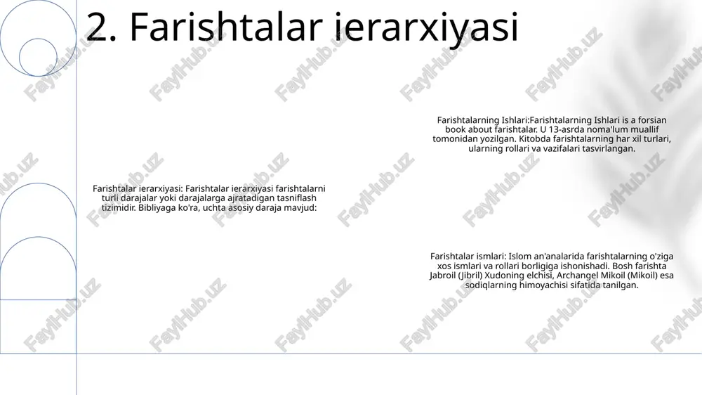 htalar qo'riqchi sifatida: ko'p madaniyatlarda farishtalar shaxslar yoki guruhlarning himoyachisi va qo'riqchisi ekanligiga ishonishadi. ular ko'pincha qanotlari bilan tasvirlangan bo'lib, ular o'zlari himoya qilganlar nomidan nazorat qilish va aralashish qobiliyatini ifodalaydi. farishtalar ilhom manbalari sifatida: tarix davomida farishtalar rassomlar, yozuvchilar va musiqachilar uchun ilhom manbai bo'lib xizmat qilgan. ularning go'zal go'zalligi va ilohiy bilan aloqasi inson hayotidagi mavjudligi va ta'sirini nishonlaydigan son-sanoqsiz san'at, adabiyot va musiqa asarlariga olib keldi. 8. san'at va adabiyotda farishtalar farishtalar xabarchilar sifatida: farishtalar ko'pincha ilohiy va odamlar o'rtasidagi xabarchilar sifatida tasvirlanadi, ular yo'l-yo'riq, ogohlantirish yoki yangiliklarni etkazib berishadi. qo'riqchilar va himoyachilar: zamonaviy madaniyat ko'pincha farishtalarni qo'riqchi yoki himoyachi sifatida tasvirlaydi, odamlarni zararlardan himoya qiladi yoki kerak bo'lganda yo'l-yo'riq va yordam beradi. umid va imon ramzi: farishtalar umid, imon va ilohiy aralashuvni ifodalashi mumkin, ular noaniqlik yoki qiyinchilik paytlarida tasalli va ishonch hissini beradi. 9. zamonaviy madaniyatda farishtalar qo'riqchilar: farishtalar samoviy qo'riqchilar bo'lib, bizni yomonlikdan himoya …