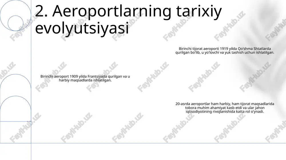 ava suvlar bilan ifloslanishi mumkin. 6. aeroportning atrof-muhitga ta'siri aeroport daromadlari oqimlari: bu yo'lovchi to'lovlari, qo'nish to'lovlari va chakana savdo imtiyozlari kabi aeroportlar uchun turli xil daromad manbalarini nazarda tutadi. aeroport xarajatlarini boshqarish: bu samarali va tejamkor operatsiyalarni ta'minlash uchun operatsion xarajatlarni, jumladan texnik xizmat ko'rsatish, xodimlarni ta'minlash va xavfsizlikni optimallashtirishni o'z ichiga oladi. aeroport infratuzilmasini rejalashtirish: aeroport moliyasi va boshqaruvi, shuningdek, aviatsiya sanoatining rivojlanayotgan ehtiyojlarini qondirish uchun uchish-qo'nish yo'laklari, terminallar va yuk ob'ektlari kabi aeroport infratuzilmasini rivojlantirish va ta'mirlashni rejalashtirish va boshqarishni o'z ichiga oladi. 7. aeroport moliyasi va menejmenti 1. birlashgan arab amirliklari tomonidan ishlab chiqilgan dunyodagi birinchi mobil pasport nazorati tizimi yo‘lovchilarga o‘z smartfonlari yordamida pasport va biometrik ma’lumotlarini skanerlash imkonini beradi, bu esa chegaralarni jismoniy tekshirish zaruriyatini bartaraf etadi. 2. butun dunyo bo‘ylab aeroportlarda yuzni tanish yoki barmoq izini skanerlashdan foydalanadigan biometrik bortga chiqish eshiklari tobora keng tarqalgan bo‘lib, samolyotga chiqish jarayonini tezlashtiradi va xavfsizlikni kuchaytiradi. …