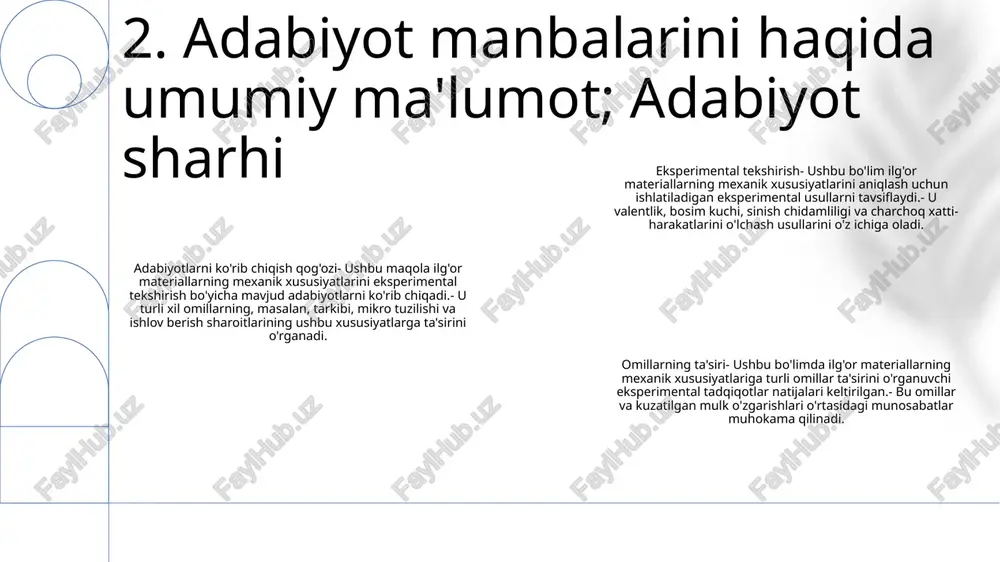 at, deformatsiya tezligi va atrof-muhit sharoitlari kabi turli omillar materiallarning mexanik xususiyatlariga qanday ta'sir qilishini o'rganadi va ularning real sharoitlarda ishlashi haqida tushuncha beradi. 6. mexanik sinov protseduralari 1: ma'lumotlarni tahlil qilish va sharhlash tushunchalarni ochish va xulosalar chiqarish uchun ma'lumotlarni tekshirish va talqin qilishni o'z ichiga oladi. 2: the study titled "yangi materiallarning mexanik xususiyatlarini tajribada o'rganish. mexanik xususiyatlarga turli omillarning ta'siri" investigates the mechanical properties of new materials and the impact of various factors on these properties. 3: tadqiqot materiallarning mexanik xususiyatlarini aniqlash uchun eksperimental usullarni o'z ichiga oladi va tarkibi, ishlov berish sharoitlari va tashqi omillar kabi parametrlarning ushbu xususiyatlarga ta'sirini tahlil qiladi. 7. ma'lumotlarni tahlil qilish va talqin qilish qayta ishlash parametrlari: harorat, bosim va sovutish tezligi kabi turli xil ishlov berish parametrlarining materiallarning mexanik xususiyatlariga ta'sirini o'rganadi. eksperimental tekshiruv: yangi materiallarning mexanik xususiyatlarini aniqlash uchun keng qamrovli eksperimental yondashuvni belgilaydi, shu jumladan valentlik sinovi, qattiqlik …