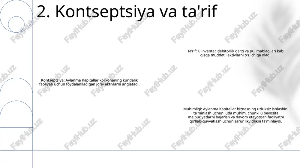 li mijozlar ehtiyojini qondirishni qo'llab-quvvatlaydi.- aylanma mablag'larni boshqarishni soddalashtirish va pul oqimini optimallashtirish orqali rentabellikni oshiradi. 6. muhimligi va foydalari likvidlik xavfi: aylanma kapitaller o'z investitsiyalarining qisqa muddatli xususiyati tufayli likvidlik xavfiga duchor bo'lib, uni moliya bozorlaridagi o'zgarishlarga moyil qiladi. inflyatsiya xavfi: inflyatsiya aylanma kapitaller investitsiyalarining haqiqiy qiymatini pasaytirishi mumkin, chunki tovarlar va xizmatlar narxi oshib, kapitalning sotib olish qobiliyatini pasaytiradi. bozor xavfi: aylanma kapitaller iqtisodiy sharoitlar, foiz stavkalari va valyuta kurslarining o'zgarishi sababli investitsiyalar qiymatining o'zgarishi tufayli bozor xavfiga duch keladi. 7. xatarlar va qiyinchiliklar moliyalashtirish imkoniyatlari: sizning investitsiya ehtiyojlaringizga mos keladigan moslashuvchan to'lov shartlari va raqobatbardosh foiz stavkalari. aylanma kapital: pul oqimidagi bo'shliqlarni bartaraf etish va biznes o'sishini qo'llab-quvvatlash uchun qisqa muddatli moliyalashtirish echimlari. kapital xarajatlar: texnologiya, asbob-uskunalar va infratuzilmaga investitsiyalar uchun uzoq muddatli moliyalashtirish. 8. moliyalashtirish imkoniyatlari oqim kapitali: konvertatsiya qilish va nazorat qilish aylanma kapitaller investitsiya maqsadida bir joydan ikkinchi joyga ko'chib yuruvchi kapitallardir. ushbu oqimlar …