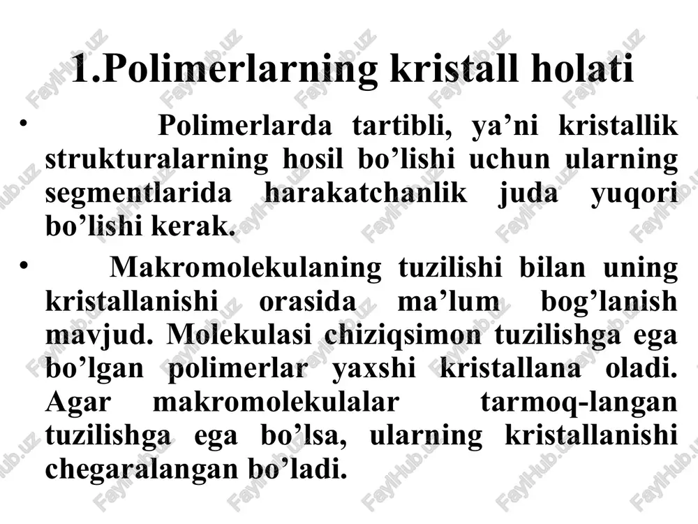 ali quyidagi formula yordamida, kristall va amorf qismlar orasidagi nisbatni hisoblab topish mumkin: bu yerda: d-namunaning amalda topilgan zichligi; dk-kristall faza zichligi; da-amorf faza zichligi; γ-kristallanish darajasi (% da). b) suyuqlanish issiqligi usul i. odatda kristall va amorf faza nisbati o’rganilayotgan namunaning suyuqlanish issiqligi orqali quyidagi nisbatda xarakterlanadi. bu yerda: h- o’rganilayotgan polimer namunasi- ning issiqlik sig’imi; ∆hkp-polimer gomologik qatorning eng soda vaqili kristallarining issiqlik sig’imi; hα-suyq-amorf polimer materialning issiqlik sig’imi. r e n t g e n o g r a f i k u s u l. kristall va amorf faza orasidagi nisbatni rengenografik usul yordamida ham aniqlash mumkin. buning uchun polimerning kristall va amorf qismlariga tegishli difraksiya maksimumlarining nisbiy intensivligini aniqlash zarur. rasmda makromolekulasi oriyantasiyalan-magan polimer uchun rentgen nurining tarqalish burchagi bilan uning intensivligi orasidagi bog’liqlik egri chizig’i berilgan. rasmdan ko’rinib turibdiki, fon, amorf va kristall qismlar borligini ko’rsatuvchi chiziq to’qqilarini ajratish, bu chiziqlar ostidagi maydonni o’lchash …