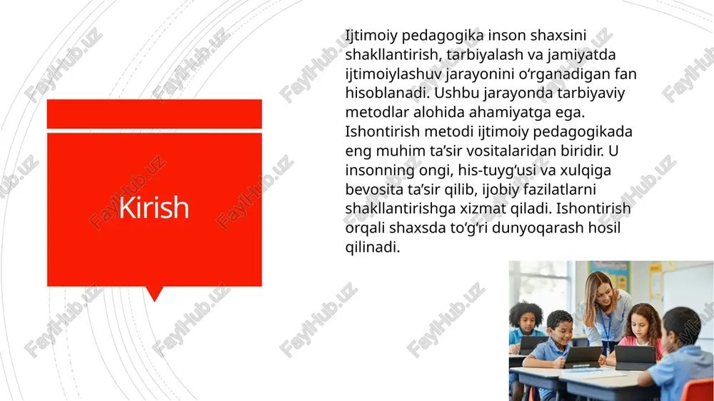 bro‘si, nutq ohangi va hayotiy tajribasi ishontirishning samaradorligini belgilaydi. agar pedagog o‘z fikrida qat’iy, halol va adolatli bo‘lsa, o‘quvchilar unga ishonadi. ishontirish jarayonida pedagog shaxsiy namuna ko‘rsatib, so‘zini amalda tasdiqlashi zarur. shu tarzda tarbiyalanuvchi ishonch orqali o‘zgaradi. zamonaviy ijtimoiy pedagogikada ishontirish bugungi kunda ijtimoiy tarmoqlar, ommaviy axborot vositalari yoshlarning dunyoqarashiga katta ta’sir ko‘rsatmoqda. shu sababli ijtimoiy pedagoglar ishontirish metodini zamonaviy kommunikatsion vositalar bilan uyg‘unlashtirishlari kerak. video, interaktiv mashg‘ulotlar va onlayn muloqotlar orqali ishontirish samaradorligini oshirish mumkin. bu yondashuv yoshlar orasida ijobiy g‘oyalarni targ‘ib etadi. xulosa ijtimoiy pedagogikada ishontirish metodi shaxsni axloqiy, ma’naviy va ijtimoiy jihatdan rivojlantirishda muhim rol o‘ynaydi. bu metod insonni ichki e’tiqod asosida ijobiy faoliyatga yo‘naltiradi. pedagogning nutqi, shaxsiy namunasi va samimiy yondashuvi ishontirishning asosiy quroli hisoblanadi. shu sababli har bir ijtimoiy pedagog bu metodni chuqur o‘zlashtirishi zarur. foydalanilgan adabiyotlar karimov i.a. yuksak ma’naviyat – yengilmas kuch. toshkent: ma’naviyat, 2008. to‘raqulova n. ijtimoiy pedagogika asoslari. toshkent: tdpu nashriyoti, …