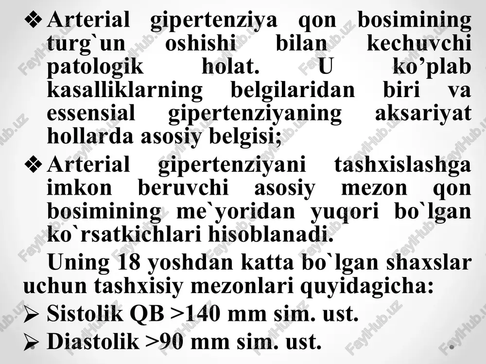 jayralar membranasi orqali kationlar transporti buzilishi buyrak ekskretor funktsiyasi buzilishi semizlik va giperinsulinemiya endoteliy disfunktsiyasi arterial gipertenziya rivojlanish mexanizmi simpatik faollikning oshishi buyraklar buyrakda qon aylanishining susayishi angiotenzinogen renin angiotenzin i angiotenzin hosil qiluvchi ferment angiotenzin ii vazokonstriktsiya buyrak usti bezlari aldosteron natriy reabsortsiyasi oshishi suv-tuz muvozanati yuklamaning oshishi periferik qarshilikning oshishi keyingi yuklamaniung oshishi gkda qon tomirlar tonusining oshishi va remodulyatsiyasida angiotenzin o'zgartiruvchi fermentning ahamiyati qon tomir diametri va devori qalinligi nisbati (kernogan indeksi) normada (a) va gk da (b). gipertoniya kasalligini nishon azolari zararlanishi darajasidan kelib chiqib tasniflash, bsst, 1993) bos-qichi aqb nishon azolari zararlanishi i aqb ≥ 140/90 nishon azolari zararlanishining obyektiv belgilari mavjud emas ii aqb ≥ 140/90 nishon azolari zararlanishining kamida 1 ta belgisi mavjud: chap qorincha gipertrofiyasi (rentgenografiya, ekg, exokg); ko’z to’r pardasi tomirlarining to’liq yoki mahalliy torayishi va buyrak arteriyalarining zararlanishi; proteinuriya va/yoki qon plazmasida kreatinin darajasining bir oz oshishi (1,2- 2,0 mg/dl); …
