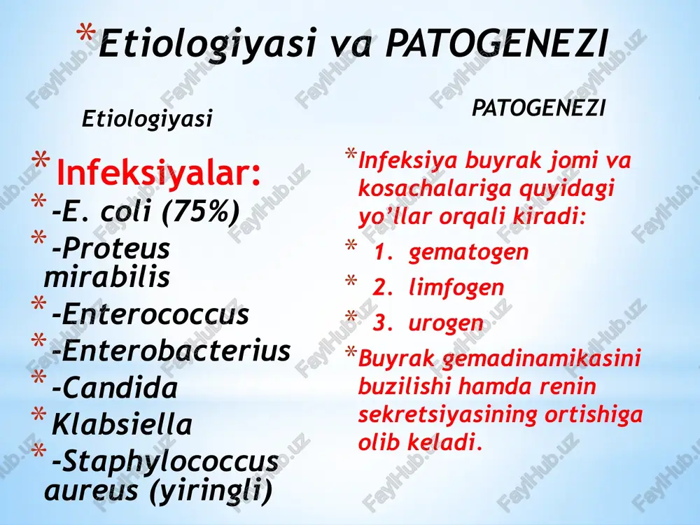 i bilan keskin ko'payadi (20 000 va undan ortiq). 2.siydikda zo'rayish davrida ifodalangan proteinuriya (1-2 g/sut), bakteriuriya, leykotsituriya, tsilindruriya va kam hollarda gematuriya, ayniqsa siydik cho'kmasida “faol” (harakatchan) leykotsitlarni - shten- geymer-malbin xujayralarini aniqlash xarakterli, adis-kakovskiy yoki nechiporenko uslublarida siydik cho'kmasini miqdoriy tekshirish leykotsitlarni eritrotsitlarga nisbatan ko'pligini ko'rsatadi. siydikni bakteriologik tekshirish: siydik cho'kma- sidan oziqa muhitiga ekish, bakteriyalarni antibio- tikka sezgirligini aniqlash muhim ahamiyatga ega. zimnitskiy uslubida siydikni tekshirish buyrak faoliyati buzilishini ko'rsatadi. diagnostikasi labarotor tekshiruv natijalari renografiya instrumental tekshiruv natijalari uzi -ekskretor urografiya -sistografiya -buyrak arteriyasi angiografiyasi -urologik tekshiruvlar -ginekologik tekshiruvlar kompyuter tomografiya davolash konservativ davo antibakterial terapiya -penitsillin guruhi -sefalosporin guruhi -ftorxinolonlar -makrolidlar -uroseptiklar -dezintoksikotsion terapiya -immunostimulyatorlar -vitaminterapiya -sanatoriya-kurort terapiya zarur bo’lganda operativ davo profilaktikasi -siydik yo’llaridagi infeksiya o’chog’ini bartaraf etish -tana reaktivligini kuchaytirish -o’tkir piyelonefritni to’liq davolash -homiladorlarda belgisiz bakteriuriyani vaqtida aniqlash image1.png image2.png image3.png image4.jpeg image5.jpeg image6.jpeg image7.jpeg image8.png image9.png image10.jpeg image11.jpeg image12.jpeg image13.jpeg image14.jpeg image15.png …