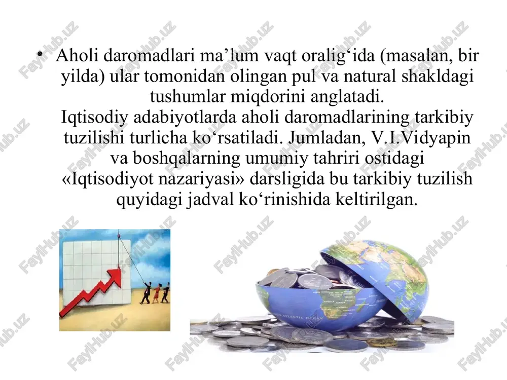 r tengsizligi indeksi deb nomlanadi. u qanchalik katta bo’lsa (ya'ni 1,0 ga yaqinlashsa) tengsizlik shuncha yuqori bo’ladi. aholi daromadlari tenglashib borganda bu ko’rsatkich «o» (nol) ga intiladi. aholi daromadlarining tabaqalanishi o’z ifodasini uning tarkibiy qismlari, shu jumladan ish haqining aholi alohida qatlamlari, iqtisodiyot tarmoqlari va sohalari o’rtasidagi nisbatda topadi. * lorens egri chiziqi bilan bog‘liq daromadlarning tengsizligi darajasini aniqlashning ancha qiziqarli usullardan biri shvetsariya iqtisodchisi paretoga tegishli. u daromadlar taqsimlanishini tadqiq qilib eng kam va eng yuqori darajada daromad oladigan tabaqalar ulushi aholining kamchilik qismini tashkil etishini ko‘rsatadi. jumladan, aqsh da barcha aholiga nisbatan eng kam daromad oluvchilar 13,5 foizni, eng yuqori daromad oladiganlar 5-20 foizi tashkil etgan. daromadlarning asosiy qismi o‘rtahol qatlamlarga to‘g‘ri kelgan. daromadlarning taqsimlanishidagi bu bog‘lanish iqtisodiy nazariada pareto qonuni deb yuritiladi. daromadlar piramidasi har qanday iqtisodiyot sharoitida daromadlar tengsizligini keltirib chiqaruvchi umumiy omillar ham mavjud bo‘ladi. bularning asosiylari quyidagilar: kishilarning umumiy layoqati (jismoniy, aqliy va estetik) …