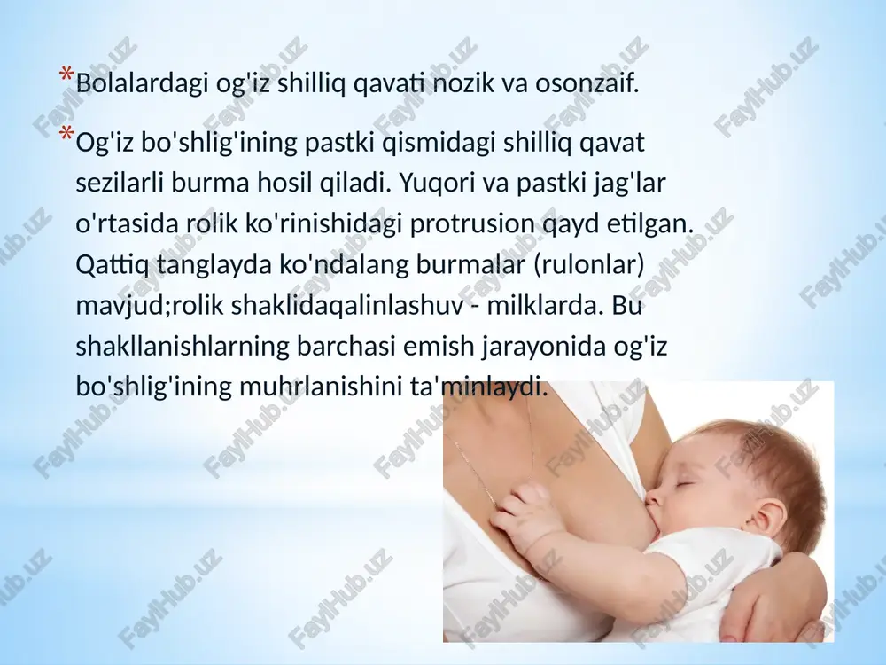 0 ml; 4-kungachau40-50 ml gacha, 10-kuni esa 80 ml gacha ko'tariladi. keyinchalik, oshqozon hajmi har oy 25 ml ga oshadi va hayotning birinchi yilining oxiriga kelib 250-300 ml, 3 yilga esa 400-600 ml ni tashkil qiladi. intensivoshqozon hajmining oshishi 7 yildan keyin boshlanadi va 10-12 yoshda 1300-1500 ml ni tashkil qiladi.. oshqozonning mushak qavatin/rrivojlangankuchsiz. oshqozon shilliq qavatin/rqalin, burmalaryuqori. inbirinchi 3 davomidaoylarhayot, shilliq qavatining yuzasi 3 ga oshadimarta, to6oylar- 4 yoshda, 2 yoshda - 5 marta va 15 yoshda - 10 marta. hayotning birinchi yilidagi bolalarda oshqozonning sekretor apparati kam rivojlangan va uning funktsional qobiliyatlari past. hayotning birinchi haftalaridagi bolalar uchun me'da shirasida xlorid kislotaning juda past konsentratsiyasi va uning zaif umumiy kislotaligi xarakterlidir. qo'shimcha ovqatlar kiritilgandan keyin sezilarli darajada oshadi. tarkibva funktsionalproteolitik fermentlarning faolligidan/r past. yetakchioqsil gidrolizidagi rolin/rhomila o'ynaydipepsin. dachaqaloqlarda oziqlantirish xususiyatiga qarab proteolitik fermentlar faolligida sezilarli tebranishlar qayd etilgan (sun'iy oziqlantirish bilan faollik ko'rsatkichlari yuqori). dahayotning birinchi yilidagi bolalareslatmaoshqozonning …