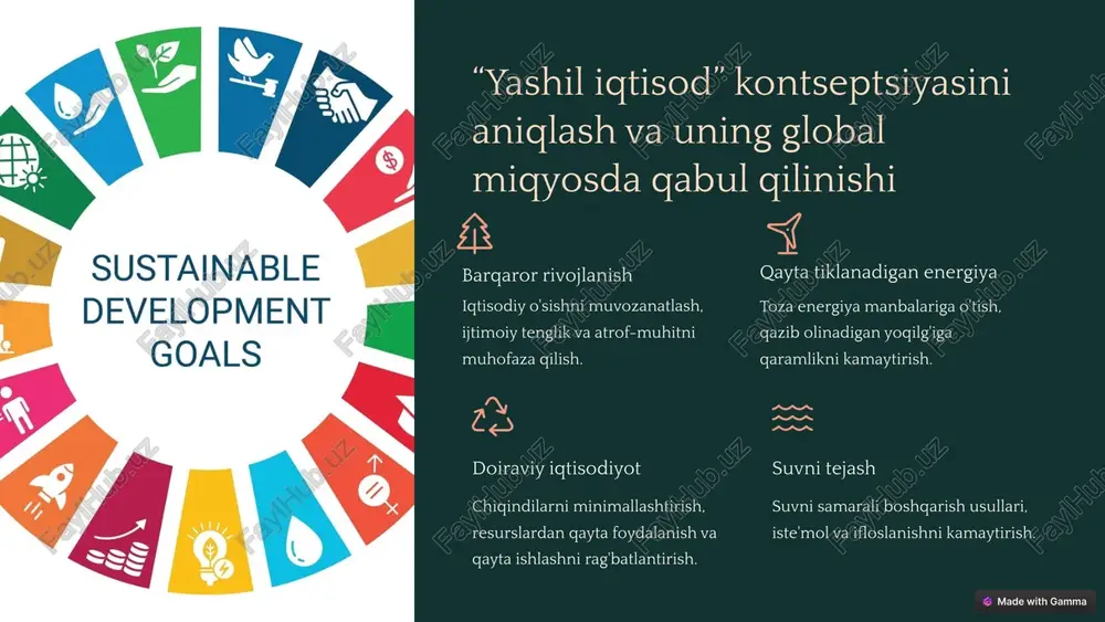 yadlash infratuzilmasini rivojlantirish. yashil infratuzilma yashil binolar, energiya tejovchi yoritish va qayta tiklanadigan energiya qurilmalari kabi barqaror infratuzilmaga sarmoya kiritish. 8 ekologik turizm va yerdan barqaror foydalanishni rejalashtirish barqaror turizm ekologik turizm tashabbuslarini rivojlantirish, mas'uliyatli sayohatlarni targ'ib qilish va tabiiy resurslarni muhofaza qilish. yerdan foydalanishni rejalashtirish yerdan barqaror foydalanish amaliyotini amalga oshirish, rivojlanishni atrof-muhitni muhofaza qilish bilan muvozanatlash. qo'riqlanadigan hududlar biologik xilma-xillik va ekotizimlarni saqlab qolish uchun muhofaza qilinadigan hududlar va tabiatni muhofaza qilish bo'yicha sa'y-harakatlarni kengaytirish. 9 imkoniyatlarni oshirish va manfaatdor tomonlarni jalb qilish ta'lim va ta'lim yashil texnologiyalar, barqarorlik va atrof-muhitni boshqarish bo'yicha ta'lim va o'quv dasturlarini ilgari surish. manfaatdor tomonlar hamkorligi hamkorlikni rivojlantirish uchun davlat idoralari, biznes, fuqarolik jamiyati va tadqiqot institutlari bilan hamkorlik qilish. jamoatchilikni xabardor qilish kampaniyalari atrof-muhit muammolari haqida jamoatchilik xabardorligini oshirish va barqaror amaliyotlarni targ'ib qilish. 10 image1.png image2.png image3.png image4.png image5.png image6.png image7.png image8.png image9.png image10.png image11.png image12.png image13.png image14.png image15.png image16.png …