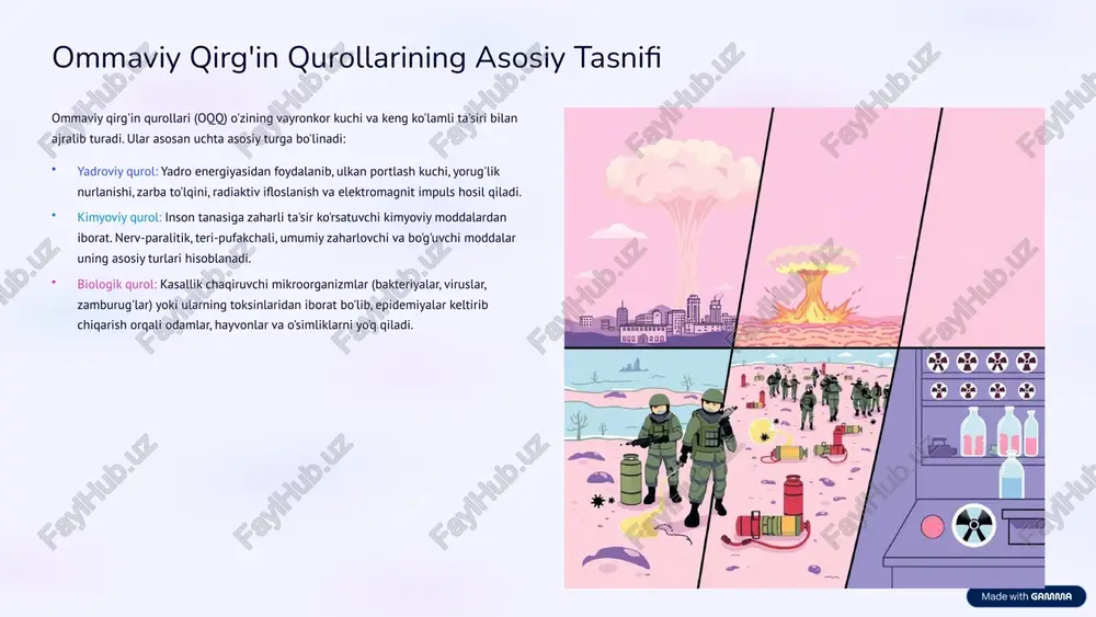 ni chiqarishga asoslangan ommaviy qirg'in qurolidir. uning vayronkor kuchi boshqa barcha qurollardan ustun turadi. fizik asos: yadroviy qurolning ishlash prinsipi og'ir atom yadrolarining bo'linishi (uran, plutoniy) yoki yengil atom yadrolarining sintezi (deyteriy, tritiy) zanjir reaksiyalariga asoslanadi. turlari: asosan atom bombalari (fisyon reaksiyasi) va vodorod bombalari (fisyon-fuzion reaksiyasi) farqlanadi. vodorod bombalari atom bombalariga nisbatan ancha kuchliroqdir. qo'llanilishi: raketalar, aviabombalar, artilleriya snaryadlari va boshqa vositalar orqali yetkazilishi mumkin. yadroviy qurolning eng dahshatli jihati shundaki, uning ta'siri faqat portlash joyi bilan cheklanib qolmaydi. radiaktiv ifloslanish shamollar orqali uzoq masofalarga tarqalib, ko'p yillar davomida tirik organizmlarga zarar yetkazadi. 6 trotipl ekvivalenti: yadroviy portlash quvvatini o'lchash "trotipl ekvivalenti" yadroviy qurol quvvatini o'lchash uchun ishlatiladigan universal birlikdir. u yadroviy portlash natijasida ajralib chiqadigan energiyaning bir tonna trotipl (tnt) portlashi energiyasiga nisbatini bildiradi. o'lchov birliklari: kilotonnada (kt) yoki megatonnada (mt) ifodalanadi. 1 kilotonna = 1000 tonna trotipl, 1 megatonna = 1 000 000 tonna trotipl. misollar: xirosimaga …