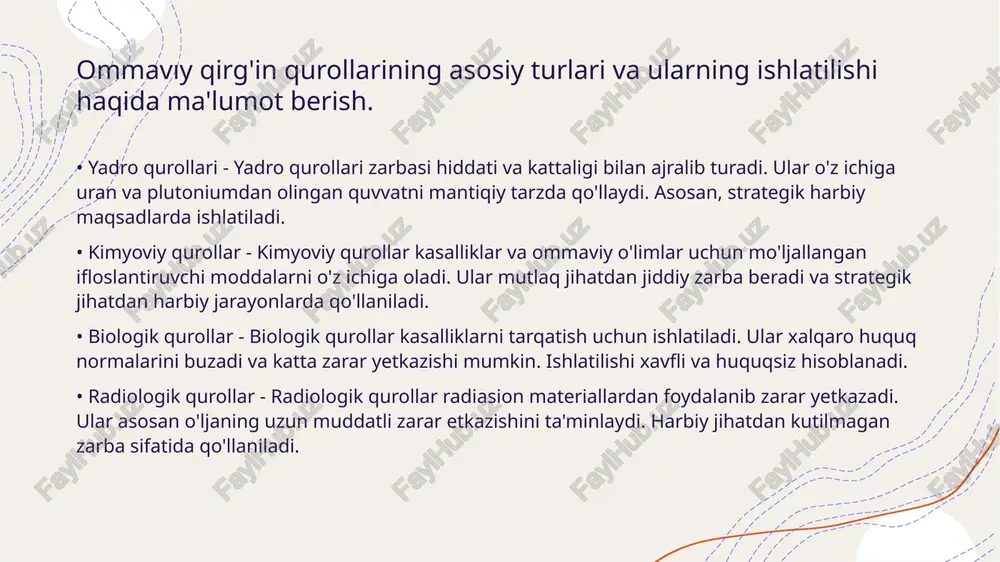 iga qo'yadi. • portlashdan keyingi ta'sirlar - yadroviy portlashdan so‘ng, aholining sog‘ligi jiddiy xavf ostida bo'ladi. psixologik muammolar ham yuzaga keladi. mintaqada yashovchilar uchun yerdan foydalanish cheklangan bo'ladi. atlaslarning o'zgarishi hayot tarzini sezilarli darajada o'zgartiradi. • yadroviy xavf haqida ma'lumot - yadroviy qurollardan xavfsizlik choralariga qatnashish talab etiladi. xavfsizlik standartlariga qat'iy amal qilish muhim ahamiyatga ega. texnologiyalarni rivojlantirish va nazorat qilish taqozo etiladi. ommaviy axborot vositalari orqali ta'lim berish zaruriyatdir. ommavıy qirg'in qurollari va xalqaro xavfsizlikdagi ularning o'rni. • ommavıy qirg'in qurollarining turlari - ommavıy qirg'in qurollari keng turkumga ega bo'lib, ular yadroviy, kimyoviy va biologik qurollarni o'z ichiga oladi. ular katta miqdorda odamlarni qizil yo'lda olib o'tishi mumkin. • qurollarning xalqaro xavfsizlikka ta'siri - ommavıy qirg'in qurollarining mavjudligi xalqaro xavfsizlik muammolarini yaratadi va davlatlar o'rtasida o'zaro ishonchni kamaytiradi. bu qurollar global barqarorlik uchun doimiy tahdid hisoblanadi. qurolli to'qnashuvlarda yo'qotishlar hisobi va tahlili. • qurolli to'qnashuvlarda yo'qotishlar - qurolli to'qnashuvlarda …