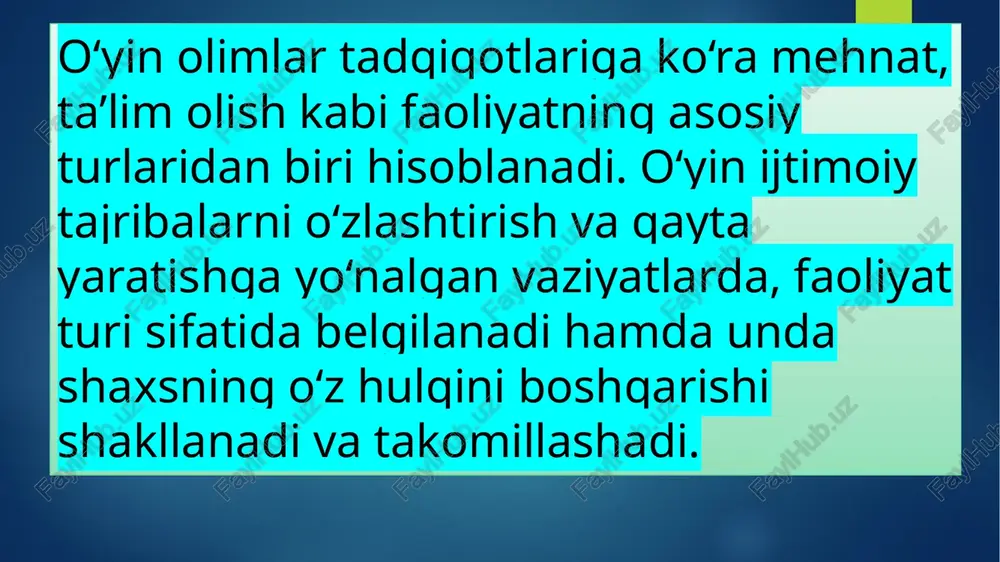 shqi tomonga chiqarish usuli. rol o‘yinlari (role playing) – bu o‘yinlar orqali ishtirokchilar turli ijtimoiy rollarni bajarib, o‘zini va boshqalarni tushunishni o‘rganadi. trening o‘yinlari – bu o‘yinlar guruhiy mashg‘ulotlarda o‘zaro muloqotni, hamkorlikni va ishonchni rivojlantiradi. art-terapiya o‘yinlari – rasm chizish, loy ishlash, musiqa orqali his-tuyg‘ularni ifoda etish o‘yin tarzida amalga oshiriladi. kognitiv o‘yinlar – fikrlash, diqqat, xotira va mantiqiy tafakkurni rivojlantirishga qaratilgan o‘yinlar. ‘yin texnologiyalari quyidagi jihatlari bilan samaralidir: ruhiy bosimni kamaytiradi, stressni yengishga yordam beradi. o‘ziga ishonchni va ijtimoiy faollikni oshiradi. qiyin vaziyatlarda konstruktiv fikrlash va qaror qabul qilish qobiliyatini rivojlantiradi. insonni ichki dunyosi bilan “dialog”ga kiritadi, bu esa psixoterapevtik jarayonning eng muhim natijasidir. masalan, bolalar bilan ishlovchi psixologlar “rol o‘yini” orqali ularning oilaviy munosabatlardagi o‘rnini va hissiyotlarini o‘rganishadi. kattalar bilan o‘tkaziladigan “komanda o‘yinlari” esa ish jamoalarida muloqotni yaxshilash, ziddiyatlarni yumshatish va motivatsiyani oshirishda samarali natija beradi. o‘yin orqali shaxs o‘z muammosini bilib, uni bartaraf etish yo‘llarini mustaqil topishni …