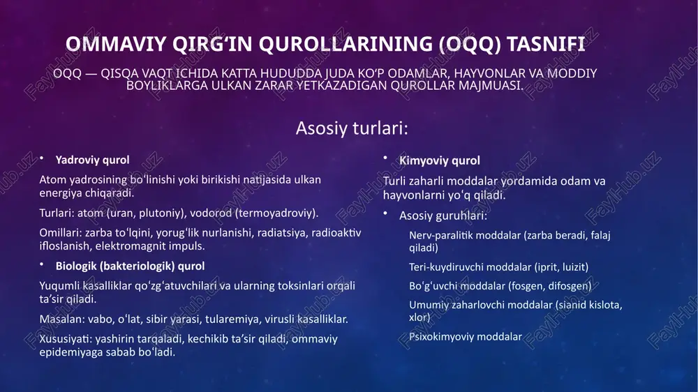 va haroratda qo‘shilib ketadi. atom portlashidan ham yuzlab marta kuchliroq. neytron bombasi (kichik quvvatli termoyadroviy qurol) asosiy zarari kuchli radiatsiya bo‘lib, bino va texnikani ko‘p vayron qilmaydi, ammo odamlar uchun halokatli. 5. tibbiy oqibatlar odamlar orasida: kuyish, jarohatlar, o‘tkir nurlanish kasalligi, psixologik zarba. uzoq muddatda: saraton, genetik mutatsiyalar, surunkali kasalliklar ko‘payadi. aholini evakuatsiya qilish, radiatsiyadan himoyalash va tibbiy saralash zarur. 2. yadroviy portlash joylashishiga qarab yer usti portlashi – eng katta vayronagarchilik qiladi. yer osti portlashi – ko‘proq seysmik ta’sir, radioaktiv ifloslanish. havodagi portlash – keng hududda zarba to‘lqini va yorug‘lik nurlanishi. suv osti portlashi – suv va sohil infratuzilmasini vayron qiladi. 3. yadroviy portlashning zararlovchi omillari zarba to‘lqini – binolarni vayron qiladi, mexanik jarohatlar yetkazadi. yorug‘lik nurlanishi – kuyish, ko‘zning shikastlanishi. ionlashtiruvchi nurlanish (radiatsiya) – nurlanish kasalligi chaqiradi. radioaktiv ifloslanish – tuproq, suv va havoda uzoq muddatli radiatsiya. elektromagnit impuls – aloqa, elektr va texnikani ishdan chiqaradi. yadroviy portlash …