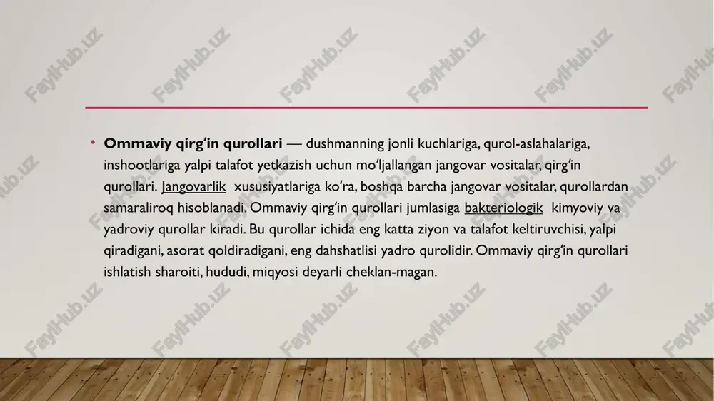 iy yadro sintezi ro’y beradi. ajralib chiqqan energiyaning asosiy qismini neytronlar oqimi tashkil qiladi. neytron bomba portlatilganda 80 % portlash energiyasiping kuchini neytron va gamma nurlanish va qolgan 20 % ini boshqa shikastlovchi omillar tashkil qiladi. bu bomba portlatilganda ancha kuchsiz zarba to’lqini hosil bo’ladi. bundan tashqari neytron bombadagi detonator vazifasini o’taydigan qurilmada yadro - reaksiyasidan foydalanilganda ham bo’linuvchi moddaga transplutoniy elementlarini qo’shib kritik massani ancha kamaytirish mumkin. shuning uchun neytron bomba portlaganda radioaktiv chang miqdori ancha kam bo’ladi. netron bomba namunasi portlash quvvati bir xil bo’lgan atom va neytron bombalarning portlash markazidan bir xil uzoqlikda bo’lgan obyektlarga ko’rsatilgan ta’siri quyidagicha : 1.neytron bomba portlaganda vujudga keladigan nurlanish dozasi atom bombasi portlagandagi dozadan 5-10 barobar ko’p; 2. neytron bomba portlagan vaqtda ochiq joyda bo’lgan odamlar ish qobiliyatini atom bombasi portlagan vaqtdagiga nisbatan taxminan to’rt barobar ko’p yo’qotadi. yadro portlatish yer yuzida, yer ostida, suv ostida, suv ustida, havoda va kosmik …