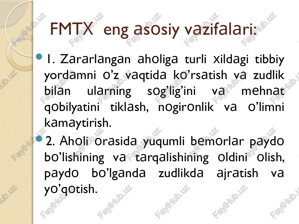 r tuziladi: quloq – tomoq – burun, jag’-yuz, travmatologik, umumjarroxlik, ruhiy – nevrologik, akusher – ginekologik, qon quyish va hakozo. harakatchan epidemimyaga qarshi otryad (heqo) mutaxasislashgan epidemiyaga qarshi brigada (meqb) harakatchan yuqumli kasalliklar gospitali (hyukg) epidemiologik qidiruv (razvedka) guruxi (eqg) san.epid bo’lim dezinfeksiya bo’limi harakatchan epidemiyaga qarshi otryad(heqo) image2.jpg image3.jpg image4.jpg image5.jpg image6.jpg image7.jpg /docprops/thumbnail.jpeg
