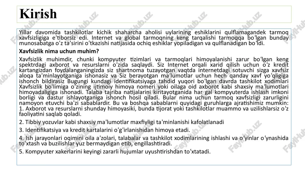 qanday kompyuter tizimi tizimga kirgan foydalanuvchini aniqlash orqali fayllarga kirishni cheklaydi. agar tizim to'g'ri sozlangan bo'lsa, qonuniy foydalanuvchilar uchun zarur ruxsatlarni o'rnatayotganda, ular foydalana olmaydigan fayllardan foydalanishni cheklaydi. ammo, agar buzg'unchi fayllar uchun ma'mur sifatida zaifliklar orqali kirish huquqini qo'lga kiritsa, foydalanishni boshqarish tizimi himoyani ta'minlamaydi. bunday hujum ma'mur tomonidan qonuniy harakat sifatida ko'rib chiqiladi. xavfsizlik devorlari tarmoqlararo ekran (firewall) - bu ichki tarmoqlarni tashqi hujumlardan himoya qiladigan kirishni boshqarish moslamasi. u tashqi va ichki tarmoq chegarasida o'rnatiladi. to'g'ri sozlangan xavfsizlik devori xavfsizlikning muhim vositasidir. biroq, vakolatli aloqa kanali orqali hujumning oldini olish mumkin bo'lmaydi. masalan, agar siz veb-serverga tashqi kirishga ruxsat bersangiz va uning dasturiy ta'minotida zaiflik bo'lsa, xavfsizlik devori ushbu hujumga imkon beradi, chunki server ishlashi uchun ochiq veb-ulanish zarur. xavfsizlik devori ichki foydalanuvchilardan himoya qilmaydi, chunki ular allaqachon tizim ichida. buzg'unchi o'zini ichki foydalanuvchi sifatida yashirishi mumkin. simsiz tarmoqlar mavjud bo'lgan tashkilotni ko'rib chiqing. agar ichki simsiz …