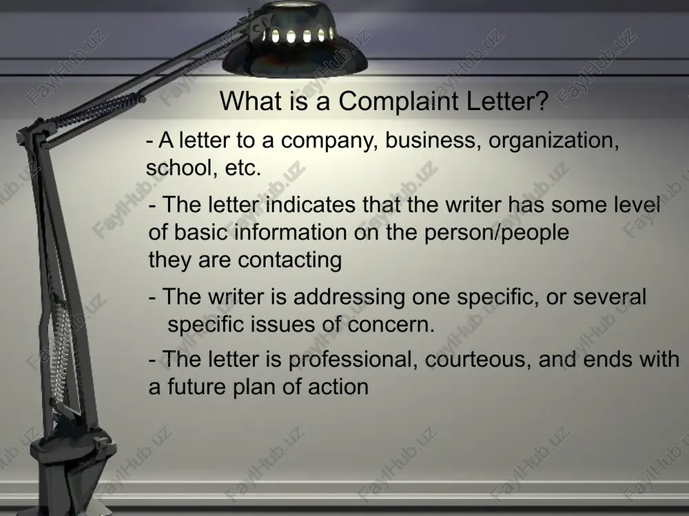 o over a page always customize your cover letter. don’t forget to change your contact information maintain a friendly and professional tone throughout the letter 13 so what should your letter look like?? 14 1. one inch margins on all sides. 15 2. your own address and the date. 16 3. skip 4 lines. enter the company’s address 17 4. double space before and after the salutation 18 5. organize your body paragraphs: a. state the purpose b. present details and examples c. end with appreciation and a plan for action. 19 6. the closing, with 4 spaces, then your name. sign here 20 you are now ready to compose a complaint letter!! good luck! 21 image2.png image3.png image1.jpeg
