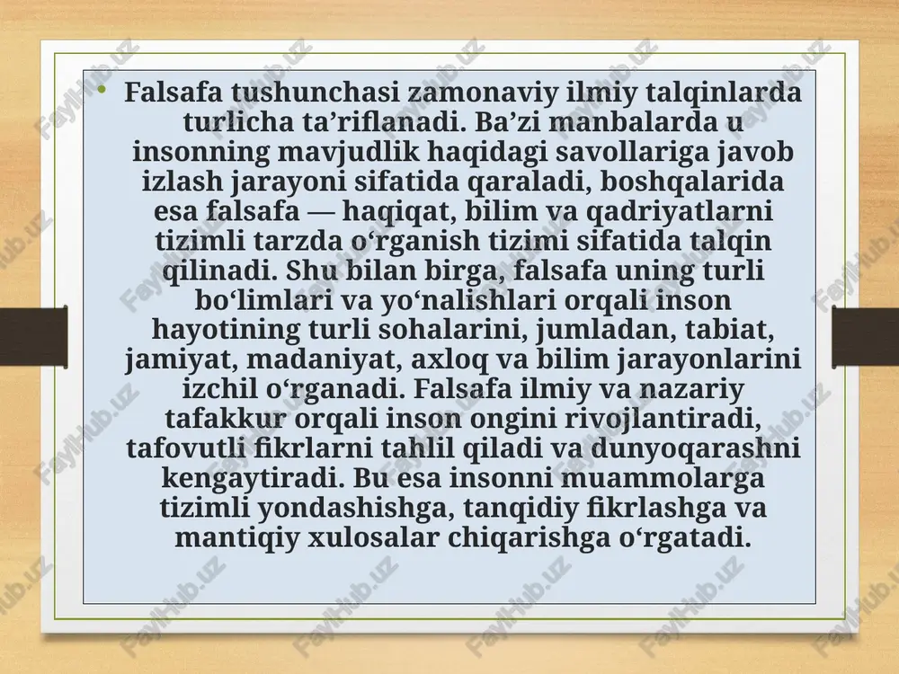 jamiyat taraqqiyotida vosita sifatida ham qaraladi. falsafaning turli yo‘nalishlari, masalan, epistemologiya, ontologiya, aksiyologiya va etik tamoyillar, inson hayoti va jamiyatni yanada chuqurroq tushunishga xizmat qiladi. shu bilan birga, falsafa o‘quvchilarga tafakkur va qaror qabul qilish jarayonlarida tizimli, mantiqiy va analitik yondashuvni o‘rgatadi. 2. falsafaning rivojlanish bosqichlari qadimgi davr, o‘rta asrlar, zamonaviy falsafa falsafa insoniyatning eng qadimiy intellektual faoliyatlaridan biri sifatida shakllangan bo‘lib, u insonning dunyoqarashi, tafakkur darajasi, bilim va tushuncha hosil qilish qobiliyatini rivojlantirishda asosiy rol o‘ynaydi. falsafa insoniyat tarixida o‘zgaruvchan ijtimoiy, madaniy, siyosiy va ilmiy sharoitlar bilan uzviy bog‘liq bo‘lib, har bir davrning o‘ziga xos tamoyillari, masalalari va yondashuvlarini yaratgan. 11 falsafiy bilimning muhim tarkibiy qismlari gnoseologiya (boshqa bir terminologiyaga ko'ra – epistemologiya) – bilish nazariyasi ontologiya – mavjudlik, borliq haqidagi bilim ijtimoiy falsafa – jamiyat haqidagi ta'limot etika – axloq haqidagi ta'limot aksiologiya - qadriyatlar haqidagi ta'limot falsafiy antropologiya – inson haqidagi ta'limot va boshqalar falsafaning rivojlanish bosqichlarini …