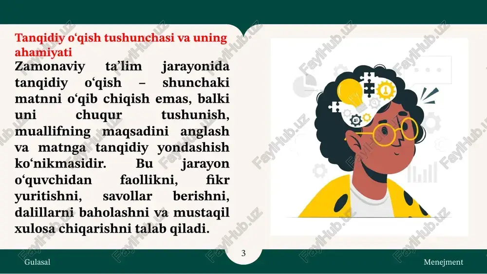 lash bilan cheklanmaydi, balki bu ko‘nikma insonni mustaqil fikrlovchi, ongli qarorlar qabul qiluvchi va ijtimoiy muhitda faol ishtirok etadigan shaxsga aylantiradi. gulasal menejment ‹#› foydalangan adabiyotlar axmedov, m. x. (2018). tanqidiy fikrlash va uning ta'limdagi ahamiyati. tashkent: o‘zbekiston respublikasi ta'lim vazirligi. saidov, i. s. (2020). o‘qish va tahlil qilish ko‘nikmalarini rivojlantirish metodikasi. toshkent: sharq nashriyoti. khodjayeva, d. m. (2019). tanqidiy o‘qishning yoshlar tarbiyasidagi roli. o‘zbekiston pedagogik jurnali, 12(3), 55-63. gulasal menejment ‹#› e’tiboringiz uchun raxmat! gulasal menejment ‹#› image1.jpeg image2.jpeg image3.png image4.jpeg image5.jpeg image6.jpeg image7.jpeg image8.jpeg image9.jpeg image10.png