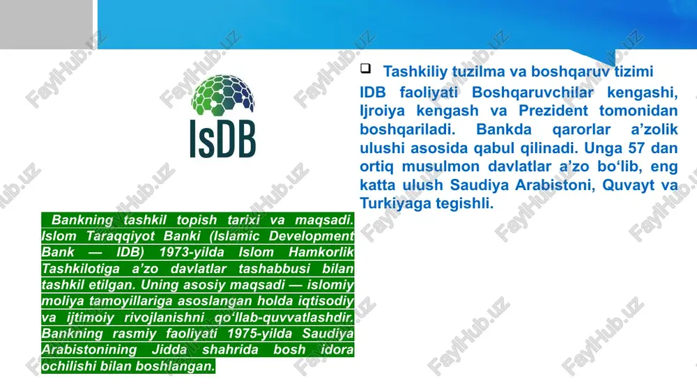 tlash kabi strategik yo‘nalishlarda kengaytirilishi rejalashtirilmoqda. bu esa o‘zbekistonning barqaror iqtisodiy o‘sishiga xizmat qiladi. istiqbolli yo‘nalishlar this presentation uses a free template provided by fppt.com www.free-power-point-templates.com ta’lim sohasidagi loyihalar • 220 mln $ – maktabgacha va maktab ta’limini rivojlantirish • 58 ta yangi maktab qurilishi • o‘qituvchilar malakasini oshirish • inkluziv ta’limni rivojlantirish this presentation uses a free template provided by fppt.com www.free-power-point-templates.com sog‘liqni saqlash loyihalari • 509 mln $lik loyihalar (2020-yilda) • saraton kasalligini erta aniqlash markazlari • zamonaviy diagnostika uskunalari xaridi • hududiy shifoxonalarni modernizatsiya qilish this presentation uses a free template provided by fppt.com www.free-power-point-templates.com transport va infratuzilma • yo‘l va ko‘priklar qurilishi • temiryo‘l infratuzilmasini yangilash • transport-logistika markazlari • elektrlashtirish va suv ta’minoti loyihalari this presentation uses a free template provided by fppt.com www.free-power-point-templates.com o‘zbekiston bilan hamkorlik • hamkorlik boshlangan: 2003-yil • umumiy portfel: 4 mlrd $+ • yo‘nalishlar: ta’lim, sog‘liq, transport, energetika, qishloq xo‘jaligi …