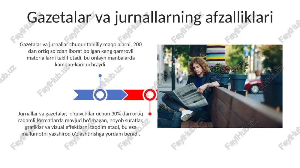 i himoya qilishga qaratilgan. davlat siyosati va ommaviy axborot vositalari gazetalar va jurnallarning dizayni va tarkibi onlayn versiyalarga o'tishga qaramay, ko'plab nashrlar bosma materiallarida interaktiv elementlar, qr kodlar va qo'shimcha ma'lumotlarga havolalarni qo'llashni boshladi. jurnallarning tematik sonlari, masalan, yiliga 10-15 ta maxsus sonlar chiqarish orqali, tor auditoriyani aniq maqsadli kontent bilan ta'minlaydi va o'quvchilarning qiziqishini oshiradi. ta’lim va o’z-o’zini rivojlantirish taxminan 15% yosh kishilar turli sohalardagi mutaxassislarning fikrlarini o'rganish va dunyoqarashini kengaytirish uchun maqolalarni o'qiydi, ta’lim darajasini oshirishga hissa qo'shadi. gazeta va jurnallar yosh avlodning 20-30% ini o'z-o'zini rivojlantirishga, xususan, yangi ko'nikmalarni egallashga undaydi, bu esa bozor talablariga moslashishga yordam beradi. axborot iste’moli va ommaviy axborot vositalari o'zbekistondagi 15-24 yoshli yoshlarning 60% dan ortig'i axborotni asosan onlayn manbalardan, xususan, ijtimoiy tarmoqlardan oladi. bu esa, bosma nashrlarning o'rnini kamaytiradi. yoshlar orasida gazeta va jurnallarni o'qish madaniyatining pasayishi 20-30% gacha internet va ijtimoiy tarmoqlarning ko'payishi bilan bog'liq. interaktivlik va o’quvchilar bilan aloqa …
