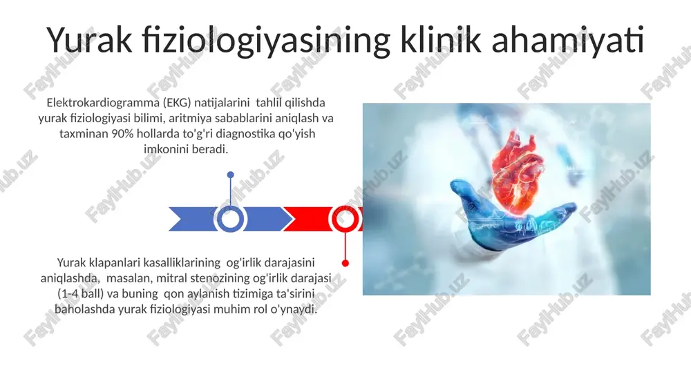 nda bradikardiya va o'tkazuvchanlikni pasayishiga olib keladi. yurakning avtonom innervatsiyasi simpatik va parasimpatik nerv sistemasining ta'siri orqali yurak urish tezligini va kuchini 60-100% ga o'zgartirishga qodir. qon bosimi va uning regulyasiyasi qon bosimi asosan yurak chiqarish hajmi va periferik qarshilikning ko'payishi yoki kamayishi natijasida 120/80 mm hg atrofida saqlanadi, bu esa avtonom nerv sistemasining faoliyati va gormonlar ta'siri bilan tartibga solinadi. renin-angiotenzin-aldosteron tizimi (raas) qon bosimini tartibga solishda muhim rol o'ynaydi; qon hajmining kamayishi renin sekretsiyasini oshiradi, bu esa angiotenzin ii hosil bo'lishiga va natijada qon tomirlarining torayishiga olib keladi. qon aylanishining fiziologiyasi qon bosimining ikkita asosiy komponenti – sistolik (120 mm hg) va diastolik (80 mm hg) bosim, qon tomirlaridagi qon oqimining kuchini va qarshiligini aks ettiradi. frank-starling qonuni yurakning to'ldirish hajmi bilan uning sikilish kuchining to'g'ridan-to'g'ri bog'liqligini ko'rsatadi; to'ldirish hajmi ortishi bilan sikilish kuchi ham ortadi. yurak yetishmovchiligi yurak yetishmovchiligi ko'pincha chap qorincha ejeksiyon fraksiyasining 40% dan kam …