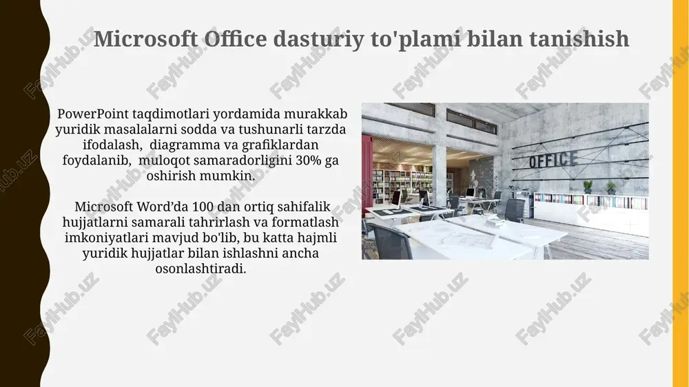 huquqiy hujjatlarni yaratish microsoft word’dagi avtomatik to’ldirish funksiyasi yordamida 50 tagacha standart huquqiy atamalarni tezkor kiritish va hujjatlarni samarali tuzish mumkin. excel dasturida sud jarayonlari bo‘yicha 1000 tagacha ma’lumotni tizimlashtirish orqali tahlil qilish va statistik ko’rsatkichlarni olish imkoniyati mavjud. huquqiy hujjatlarni tekshirish va tahlil qilish microsoft word’dagi "track changes" funksiyasi huquqiy hujjatlarni tahrirlash jarayonini kuzatishga, kamida 2 ta tahrirchi tomonidan kiritilgan 50 tagacha o'zgarishni aniqlash va taqqoslashga imkon beradi. powerpoint taqdimotlari huquqiy hujjatlarning asosiy qismlarini, 3 dan ortiq bandlarni vizual ravishda aks ettirish va muhim ma'lumotlarni aniq, 15 so'zdan kamroq iboralar bilan ta'kidlash imkonini beradi. elektron imzo qo'yish microsoft office dasturlari bilan integratsiyalashgan elektron imzo qo'yish tizimi 99%dan yuqori ishonchlilik darajasiga ega bo'lib, huquqiy ahamiyatga ega bo'lgan elektron hujjatlarni yaratish imkonini beradi. elektron imzo sertifikatlarining amal qilish muddati odatda 1 yildan 3 yilgacha bo'ladi va ularning yangilanishi kerak, bu esa huquqiy kuchga ega bo'lgan hujjatlarning xavfsizligini ta'minlashda muhim ahamiyatga ega. …