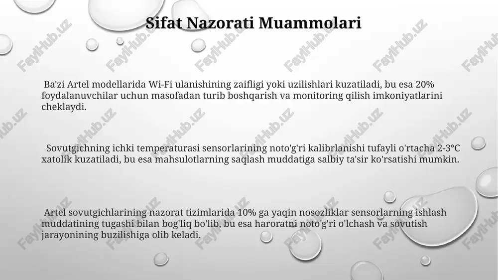 nergiya sarflaydi, bu esa o'rtacha 10-15 kvt soatga teng bo'lishi mumkin. artel sovutgichlarida energiya sarfini 15-20% ga kamaytirishga yordam beradigan inverterli kompressor texnologiyasi hali ham keng qo‘llanilmayapti, bu esa yuqori elektr energiyasi iste’moliga olib keladi. mijozlarning shikoyatlari muzlatgichning shovqin darajasi yuqori bo'lishi (50db dan yuqori) mijolar orasida keng tarqalgan muammo hisoblanadi va qulaylikni pasaytiradi. mijozlarning 30% dan ortig'i artel muzlatgichlari sovutish tizimining ishlamasligi, ya'ni temperatura +5°c dan yuqori bo'lib ketishi haqida shikoyat qilmoqda. garantiya muddati davomida ta'mirlash xizmatining sekinligi va yetishmovchiligi, o'rtacha 2 haftadan ko'proq kutish vaqti mijozlarning noroziligini keltirib chiqarmoqda. zamonaviy texnologiyalar muammolari zamonaviy sovutgichlarda, xususan artel sovutgichlarida, energiya tejamlilik koeffitsiyenti (ete) ning pasayishi, 10-15% gacha bo'lgan farq bilan kuzatilishi mumkin, bu esa yuqori elektr energiyasi sarfiga olib keladi. sovutgich kompressorining ishlash muddati va ishonchliligi masalasi dolzarb bo'lib qolmoqda, 1 yildan kam muddatda kompressor ta'mirlashga muhtoj bo'lgan hollarning 2% ga yaqin qismi qayd etilgan. artel sovutgichlarining ba'zi modellari wi-fi …