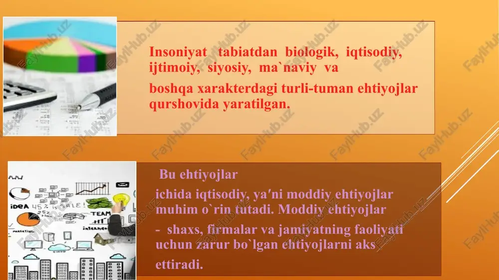 nligi. 34 3. shaxsiy manfaatlar - iqtisodiy hatti-harakatning bosh omili. 4. raqobatni rag`batlantirish va monopolistik faoliyatni cheklash. 5. narxlar bozorni tartibga soluvchi asosiy mexanizm. 6. iqtisodiyotga davlat aralashuvining minimal darajagacha cheklanganligi to`la bandlik deganda ishlab chiqarishga yaroqli barcha resurslardan foydalanish imkoniyatig a aytiladi. iqtisodiyot mehnat qilish yoshidagi ishga yaroqli barcha ishchilarni ish bilan ta`minlashi zarur ishlab chiqarishning to`liq hajmi deganda resurslarni optimal taqsimlash va ulardan samarali foydalanish evaziga maksimal darajada mahsulot ishlab chiqarish tushuniladi. ishlab chiqarishga sarflangan har bir resurs birligi jamiyat uchun maksimal qaytimni ta′minlashi zarur. optimallashtirish tamoyili-resurslardan optimal foydalangan holda cheksiz ehtiyojlarni maksimal darajada qondirish buning uchun mavjud resurslardan oqilona va samarali foydalanish yo`llarini izlab topishdan iboratdir muqobil xarajatlar tamoyili - iqtisodiy tanlovda resurslardan samarali foydalanish bilan bog`liq eng yaxshi alternativ variantdan voz kechish natijasida boy berilgan imkoniyatlarni (olinadigan foydani) aks ettiruvchi xarajatlardir image1.jpg image2.jpeg image3.png image4.png image5.jpg image6.jpg image7.jpg /docprops/thumbnail.jpeg