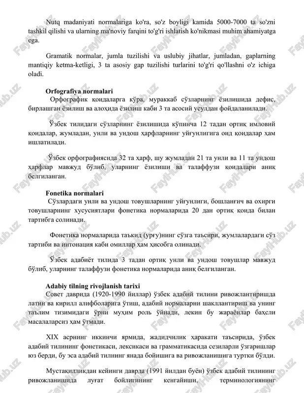 a 11 ta undosh harflar mavjud bo'lib, ularning yozilishi va talaffuzi qoidalari aniq belgilangan. fonetika normalari so'zlardagi unli va undosh tovushlarning uyg'unligi, boshlang'ich va oxirgi tovushlarning xususiyatlari fonetika normalarida 20 dan ortiq qoida bilan tartibga solinadi. fonetika normalarida ta'kid (urg'u)ning so'zga ta'siri, jumlalardagi so'z tartibi va intonatsiya kabi omillar ham hisobga olinadi. o'zbek adabiyot tilida 3 tadan ortiq unli va undosh tovushlar mavjud bo'lib, ularning talaffuzi fonetika normalarida aniq belgilangan. adabiy tilning rivojlanish tarixi sovet davrida (1920-1990 yillar) o'zbek adabiy tilini rivojlantirishda latin va kirill alifbolariga o'tish, adabiy normalarni shakllantirish va uning ta'lim tizimidagi o'rni muhim rol o'ynadi, lekin bu jarayonlar bahsli masalalarsiz ham o'tmadi. xix asrning ikkinchi yarmida, jadidchilik harakati ta'sirida, o'zbek adabiy tilining fonetikasi, leksikasi va grammatikasida sezilarli o'zgarishlar yuz berdi, bu esa adabiy tilning yanada boyishiga va rivojlanishiga turtki bo'ldi. mustaqillikdan keyingi davrda (1991 yildan buyon) o'zbek adabiy tilining rivojlanishida lug'at boyligining kengayishi, terminologiyaning takomillashuvi va davlat …