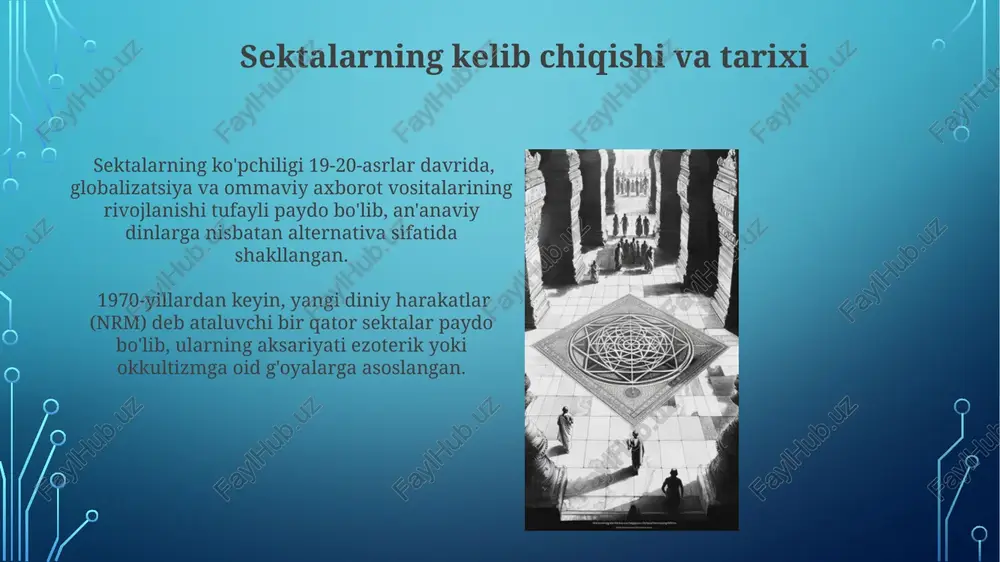 rining atigi 10% ortganligi kuzatildi. diniy sektalarning ta'siri ba'zi diniy sektalar moliyaviy firibgarliklarni, ya'ni a'zolardan katta miqdordagi mablag'larni (o'rtacha 5000$ dan ortiq) majburiy ravishda olishni amalga oshirib, jiddiy iqtisodiy zarar yetkazishi mumkin. diniy sektalar, a'zolarning shaxsiy hayotini nazorat qilish orqali, oilaviy munosabatlarni buzishi va 70% gacha bo'lgan holatlarda o'ziga xos ideologiya orqali ijtimoiy aloqalarni cheklashga olib kelishi mumkin. sektalarning iqtisodiy oqibatlari ba'zi sektalarda a'zolar ishdan bo'shab, faqatgina sektaning faoliyatiga bag'ishlanib, oilaviy byudjetga salbiy ta'sir ko'rsatishi mumkin. sektalar a'zolarning moddiy boyliklarini, o'rtacha 10-25%ini, o'zlariga topshirishga majbur qilib, iqtisodiy jihatdan zaiflashtirishi mumkin. sektalarning asosiy xususiyatlari sektalarning asosiy xususiyati – a’zolarning shaxsiy erkinligini cheklash, shu jumladan, munosabatlar, moliyaviy resurslar va maʼlumot oqimiga qatʼiy nazorat oʻrnatishdir. koʻplab sektalar, taxminan 70% ga yaqini, apokaliptik yoki xalos qiluvchi gʻoyalarga asoslangan boʻlib, a’zolarda kuchli qaramlik va guruhlarga sadoqatni rivojlantiradi. e'tiboringiz uchun rahmat @taqdimot_robot image3.jpg image4.jpg image5.jpg image6.jpg image7.jpg image8.jpg image9.jpg image10.jpg image11.jpg image12.jpg image13.jpg image14.jpg image2.png