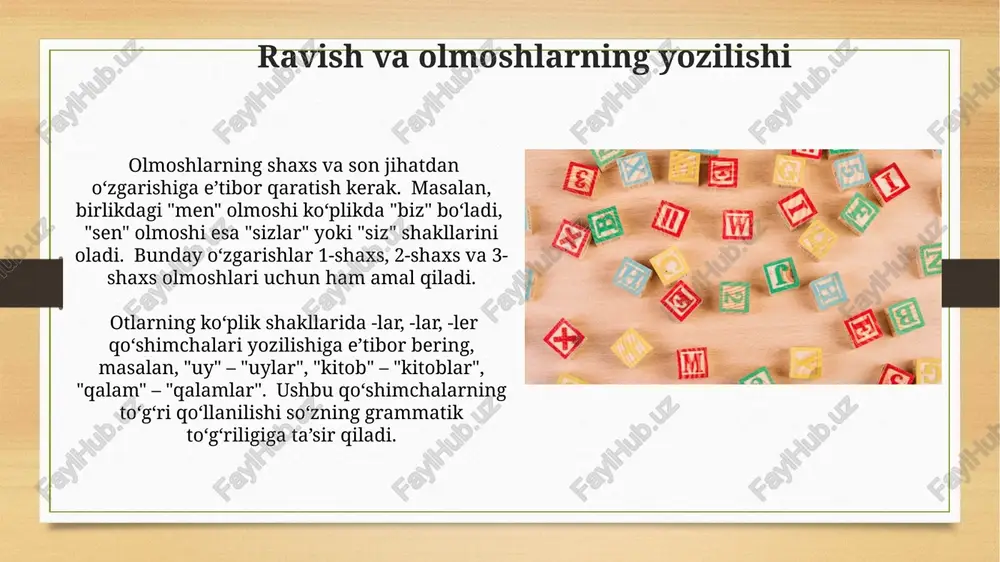 qo'shimcha bilan yozilishi mumkin, ba'zi hollarda esa fe'lning o'zagi o'zgaradi. masalan, "bormoq" fe'lining o'tgan zamon shakli "bordi" bo'ladi. buyruq mayli fe'llarida, odatda, fe'lning o'zagiga 1 yoki 2 ta qo'shimcha qo'shiladi va ba'zan o'zakdagi so'nggi undosh tovush ham o'zgaradi. masalan, "kelmoq" fe'lining buyruq mayli shakli "kel!" yoki "kelinglar!" bo'ladi. undosh harflarning o‘zgarishi “-lik”, “-chi”, “-siz” kabi qo‘shimchalar undosh harflarning o‘zgarishiga olib kelishi mumkin. masalan, “yaxshilik”, “o‘qituvchi”, “qiziqmassiz” so‘zlarida undosh harflarning fonetik o‘zgarishlarini kuzatish mumkin. undosh harflarning oxirida 2 ta bir xil undosh tovush kelganda, ikkinchisi tushiriladi, masalan, “gull+lar” so‘zi “gullar” shaklida yoziladi. katta va kichik harflarning qo‘llanilishi qisqartmalar odatda katta harflar bilan yoziladi, lekin ba'zi hollarda, keng tarqalgan qisqartmalar kichik harf bilan ham yozilishi mumkin (masalan, "yoz" - yozgi). oʻzbek tilida 1-harf katta, qolganlari kichik harfda yoziladi, jumladan, ismlar, familiyalar, geografik nomlar va boshqa xususiy nomlarning ham birinchi harfi katta harf bilan yoziladi. unli harflarning yozilishi unli harflarning birlashuvi ba'zan diftonglarni …