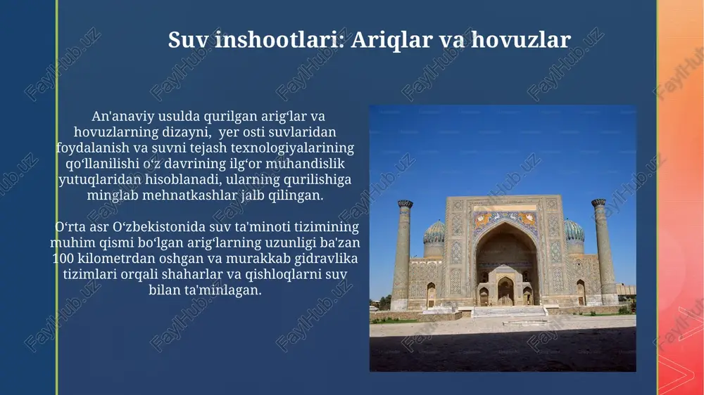 ar davri (14-15-asrlar) oʻzbekiston meʼmorchiligining “oltin davri” deb hisoblanadi, bu davrda 100 dan ortiq yirik meʼmoriy inshootlar bunyod etilgan. chor minor madrasasi: buxoro meʼmorchiligining oʻziga xos namunasi madrasaning qurilishi 19-asrga toʻgʻri keladi va uning oʻlchamlari taxminan 20x30 metrni tashkil etadi, bu esa uning kichik, ammo murakkab tuzilishiga ishora qiladi. chor minor, gumbazlarining murakkab geometrik naqshlari va koshin bezaklari bilan mashhur boʻlib, 100 dan ortiq turli xil rangdagi kafelardan foydalanilgan. kosh meʼmorchiligi: naqsh va ranglar uygʻunligi kosh meʼmorchiligi oʻziga xos geometrik naqshlar bilan, ayniqsa, 8 va 16 burchakli yulduzsimon shakllar bilan bezatilgan boʻlib, ularning murakkabligi va nozikligi bilan ajralib turadi. kosh plitalarining oʻlchamlari va shakllari turlicha boʻlib, baʼzi naqshlarni yaratish uchun 1000 dan ortiq turdagi kosh plitalaridan foydalanilganligi aniqlangan. oʻrta asr oʻzbekiston meʼmorchiligining xususiyatlari oʻrta asr oʻzbekiston meʼmorchiligining xususiyati sifatida 11-15-asrlar davomida keng tarqalgan gumbazli inshootlar, ayniqsa, masjid va maqbaralarda, koʻpburchak shaklidagi gumbazlarning ustunlik qilishi kuzatiladi. oʻrta asr oʻzbekiston meʼmorchiligi ganch …