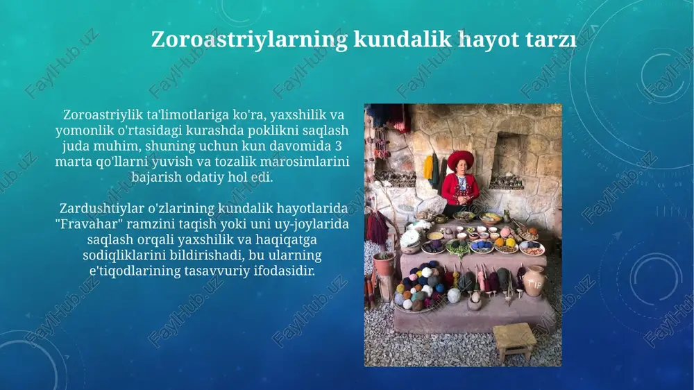 va’da qiladi. vispered — himoya duosi “himoiya duosi” da avesto matnlaridan olingan 10 dan ortiq muqaddas nomlar va formulalar qo'llaniladi, ular yovuz kuchlarga qarshi kuchli himoya sifatida qaraladi. ushbu duo 7 ta farovonlikni (xasham, boylik, sog'liq va boshqalar) ta'minlash va 7 ta yovuzlikdan (kasallik, qashshoqlik, o'lim va boshqalar) himoya qilish uchun o'qiladi. olov ibodatxonalari — atushkodalar har bir atushkodaning markazida doimiy yonib turuvchi muqaddas olov – "olov-e bahram" joylashadi, uning saqlanishi 16 ta maxsus ruhoniy tomonidan nazorat qilinadi. atushkodalar, olov ibodatxonalari sifatida, qadimgi davrlardan beri 3000 dan ortiq yil davomida zoroastrian dinining muhim ramzi hisoblanadi va muqaddas olovni saqlash uchun mo'ljallangan. amesha spentas — muqaddas mavjudotlar har bir amesha spentas o'ziga xos vazifaga ega, masalan, vohu manoh yaxshi fikrlarni, asha adolatni, va xshathra a'zo bo'lishni himoya qiladi. amesha spentalar zoroastrizmning markaziy tushunchalaridan biri bo'lib, ularning har biri insonlarning ma'naviy rivojlanishiga ta'sir ko'rsatadigan kuchlardir. gatomlar — ibodatlar va duo gatomlar davomida …
