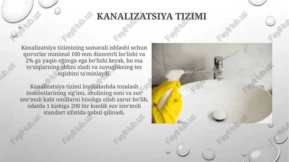 xavfsizlik choralari zamonaviy uy-joylardagi elektr simlarining himoyasini ta'minlash uchun erga ulash tizimining mavjudligi va uning 10 omdan kam bo'lishi muhim, bu elektr tokidan kelib chiqadigan xavflarni kamaytiradi. yong'in xavfsizligini ta'minlash uchun har bir xonada kamida ikkita ishonchli yong'in detektori va o't o'chirish vositalari (o't o'chirgichlar) mavjud bo'lishi kerak. oziq-ovqat mahsulotlarini saqlash oziq-ovqat mahsulotlarini saqlash uchun sovutgich harorati 4°c dan yuqori bo'lmasligi kerak, aks holda bakteriyalar ko'payishi va mahsulotlarning tez buzilishi xavfi ortadi. konservalangan mahsulotlarni ochilganidan keyin 2-3 kun ichida iste'mol qilish tavsiya etiladi, chunki ochilgandan so'ng ular bakteriyalar ta'siriga nisbatan zaiflashadi. uy-joyning sanitariya holati tozalash va dezinfeksiya qilish uchun sanitariya me’yorlariga muvofiq, kamida 0,5% li xlor eritmasi yoki boshqa ruxsat etilgan dezinfektsiyalovchi vositalardan foydalanish zarur. uy-joylarda havo almashinuvi soatiga kamida 5 marta amalga oshirilishi, ya’ni havo almashinuv koeffitsiyenti 5 dan kam bo’lmasligi kerak, bu esa sog’lom ichki muhitni ta’minlaydi. yorug'lik va quyosh nuri uyning joylashuvi va derazalar soni yorug'lik miqdorini …