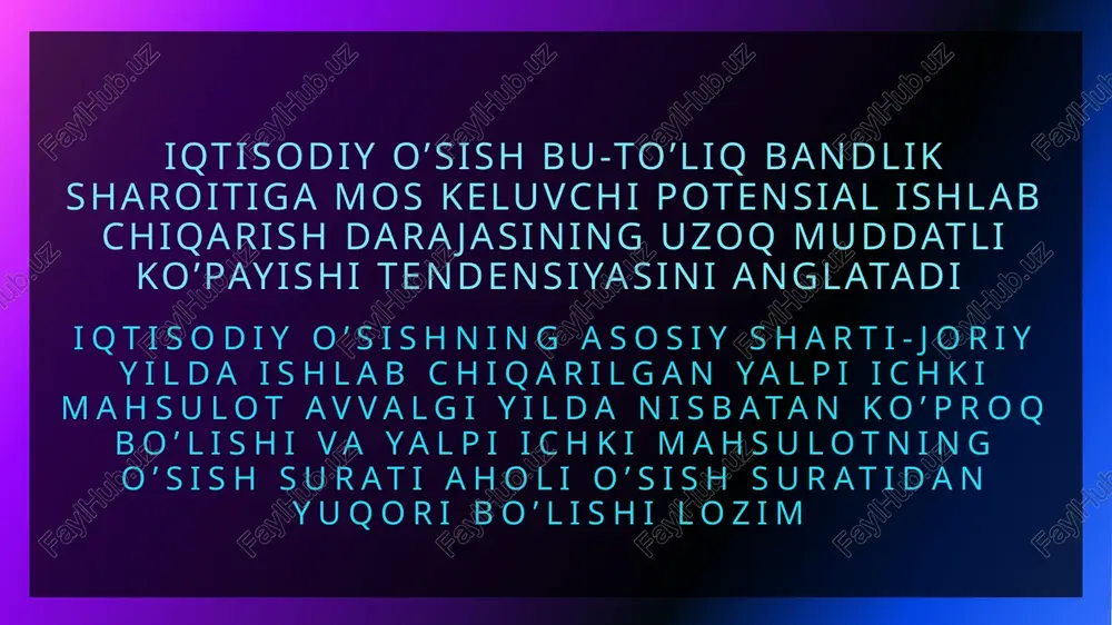 ning o'sish sur'atlarini 1700 yildan beri yiliga 1 foiz yoki undan kam bo'lgan frantsiya, niderlandiya (1700 yilda jahon yetakchisi) va buyuk britaniyada baholaydi. 1870 yildan beri o'nta sanoat iqtisodiyoti uchun ko'rsatkichlar 2-jadvalda keltirilgan . yaponiyaning 2,7 foizi aholi jon boshiga yalpi ichki mahsulotning o'sha davrdagi eng tez o'sish sur'atidir; hech bir davlat 4 foizdan ortiq jami o'sishni ko'rsatmaydi kuznets (1959) "zamonaviy iqtisodiy o'sishni sanoat tizimining qabul qilinishi" deb ta'riflab, o'zining fundamental tadqiqotlarini jamlagan holda, zamonaviy o'sish aholidan minimal malaka va savodxonlikni talab qiladi, shaxsiy yoki oilaviy tashkilotlardan kengroq miqyosdagi birliklarga o'tishni, transport va aloqa vositalarini yaratishdan oldin mamlakat ichida mehnat munosabatlarini yaratishga aylanishi mumkin bo'lgan oqibatlarni ishlab chiqadi 9 9 xulosa sarmoya vositalari, ishchi kuchi, texnologiya va inson kapitalining ko'payishi iqtisodiy o'sishga yordam berishi mumkin. iqtisodiy o'sishni rag'batlantirishda soliqlarni qisqartirish, odatda, davlat xarajatlarini oshirishdan ko'ra kamroq samaralidir. iqtisodiy o'sish odatda ishlab chiqarilgan qo'shimcha tovarlar va xizmatlarning yalpi bozor qiymatining o'sishi …