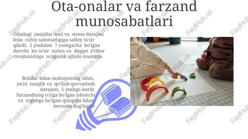 qat etish yetishmovchiligi va giperaktivlik buzilishi (degb) diagnostikasi 6 yoshdan keyin aniqroq qo'yiladi, lekin 5 yoshdan oldin ham alomatlar kuzatilishi mumkin. davolash strategiyalari yoshga moslashtirilgan. kelajakdagi istiqbollar bolalik davrida travma va uning uzoq muddatli ta'sirini aniqlash va davolash uchun neyrobiologik va psixoterapevtik yondashuvlarni birlashtiruvchi 5 dan ortiq yangi dasturlar ishlab chiqilgan. ijtimoiy-emotsional rivojlanishni baholash uchun 15 yildan ortiq ishlatilgan an'anaviy testlarning samaradorligini oshirish maqsadida yangi texnologiyalar va algoritmlar qo'llanilmoqda. erta bolalik davri travmalari taxminan 25% ga yaqin bolalar hayotining dastlabki yillarida turli darajadagi travmatik tajribalarni boshdan kechirishadi, bu esa keyinchalik ruhiy salomatlik muammolari xavfini oshiradi. erta bolalik davri travmalari 5 yoshgacha bo'lgan davrda yuzaga keladigan salbiy tajribalar, masalan, jismoniy zo'ravonlik, e'tiborsizlik yoki tashlab ketish, miyaning rivojlanishiga jiddiy ta'sir ko'rsatishi mumkin. ijtimoiy-emotsional rivojlanish 01 02 3-5 yosh oralig'ida bolalarning o'z-o'zini anglashi va o'ziga ishonchi sezilarli darajada oshadi, bu davrda ular tengdoshlari bilan o'zaro ta'sir o'rnatish, hamkorlik qilish va raqobatlashishni o'rganadilar, bu …