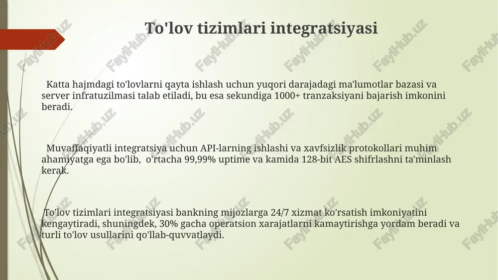 ya uchun o'rtacha 20 soniyadan kamroq vaqt talab qiladi, shuningdek, 99,9% ishlash vaqtini ta'minlaydi. interfeys mobil ilovalar orqali 7/24 kirish imkonini beradi va mijozlarga hisobotlarni pdf formatida yuklab olish, shuningdek, o'rtacha 10 ta turdagi operatsiyalarni amalga oshirish imkonini beradi. bank operatsiyalarini dasturlashga kirish transaksiyalarni qayta ishlash tezligini oshirish uchun, ma'lumotlar bazasi boshqarish tizimlari (dbms) optimallashtiriladi va parallel hisoblash texnologiyalari, masalan, 4 yadroli protsessorlardan foydalaniladi, bu esa operatsiyalarni bajarish vaqtini sezilarli darajada qisqartiradi. bank operatsiyalari dasturlarini yaratishda, mijozlarning shaxsiy ma'lumotlarini himoya qilish uchun gdpr va boshqa tegishli qonunlar talablariga javob beradigan, kamida 3 ta xavfsizlik darajasiga ega bo'lgan dasturiy ta'minot arxitekturasi qo'llaniladi. bank operatsiyalarini dasturlashda, xavfsizlikni ta'minlash uchun kamida 128 bitli aes shifrlash algoritmlari va ikki omilli autentifikatsiya kabi texnologiyalar qo'llaniladi, bu esa noqonuniy kirish va ma'lumotlar o'g'irlanishining oldini olishga yordam beradi. hisobotlarni shakllantirish hisobotlarni shakllantirish jarayoni, o'rtacha 1000 dan ortiq operatsiyani qayta ishlashni talab qilishi mumkin bo'lib, bu sql so'rovlari …
